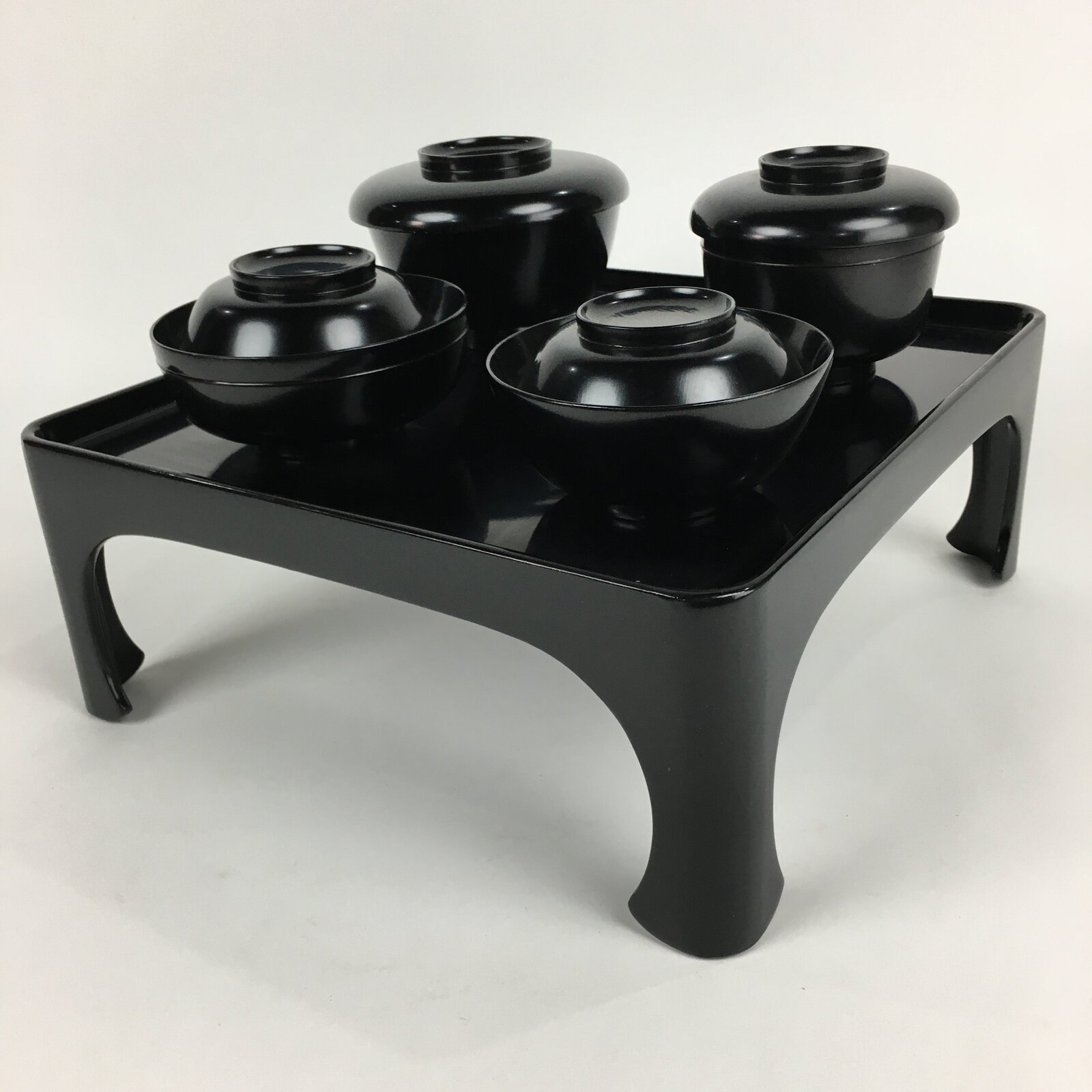 Japanese Wooden Legged Tray Lacquered Table Lidded Bowls Set Vtg Ozen UR727