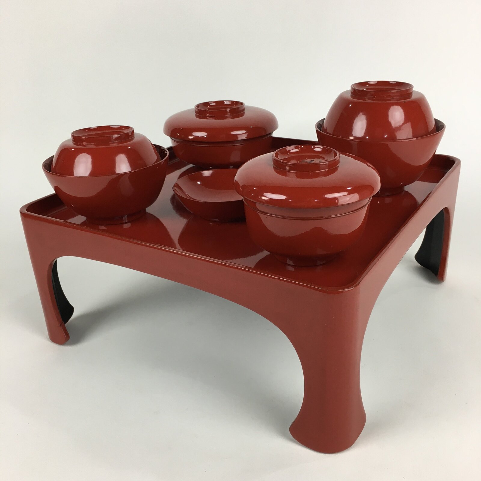 Japanese Wooden Legged Tray Lacquered Table Lidded Bowls Set Vtg Ozen UR728