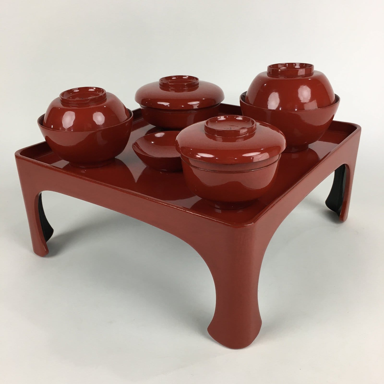 Japanese Wooden Legged Tray Lacquered Table Lidded Bowls Set Vtg Ozen UR729