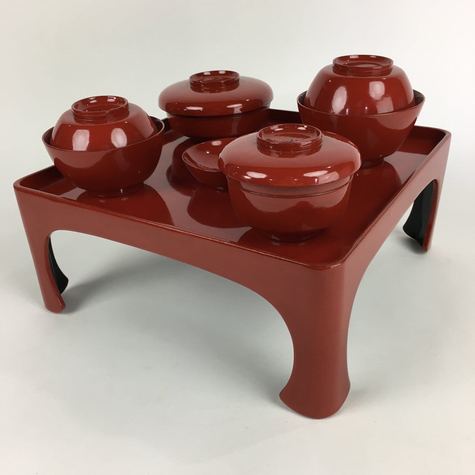 Japanese Wooden Legged Tray Lacquered Table Lidded Bowls Set Vtg Ozen UR730