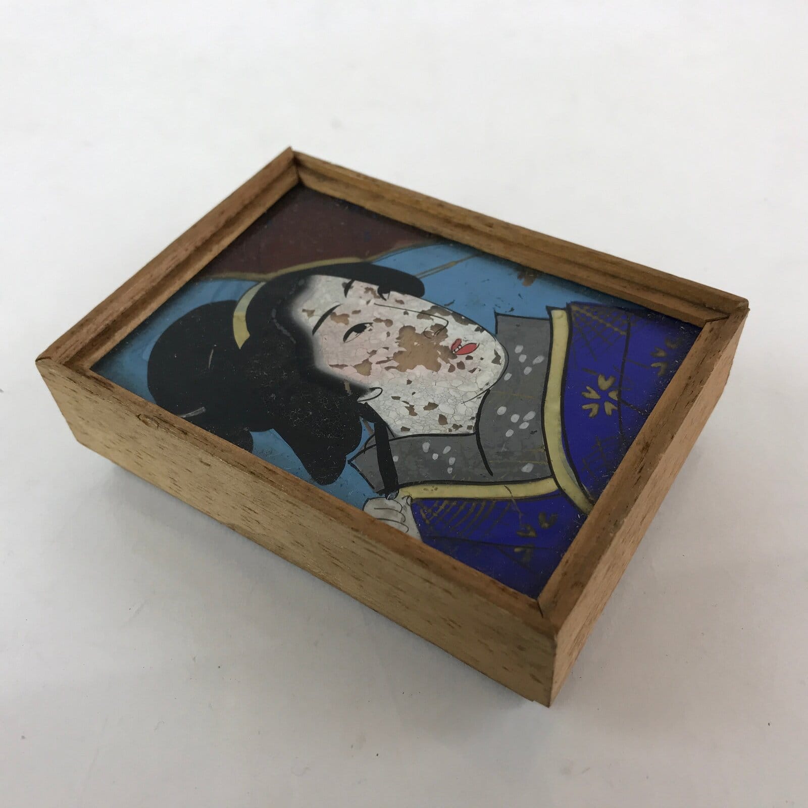 Japanese Wooden Lidded Accessory Case Geisha Lady Picture Box Container JK482