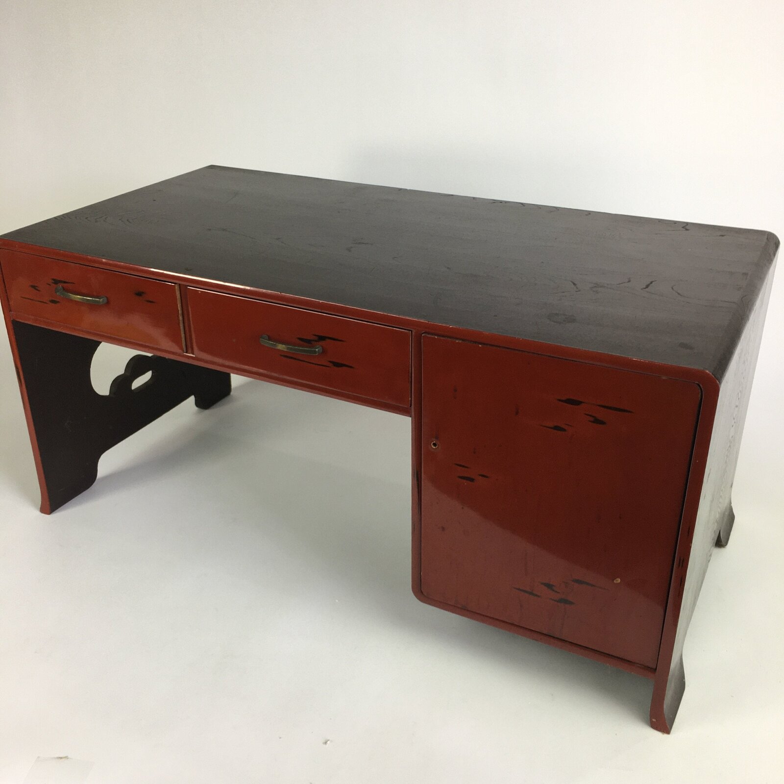 Japanese Wooden Low Desk Vtg 2 Drawers Sliding Door Black Red T242