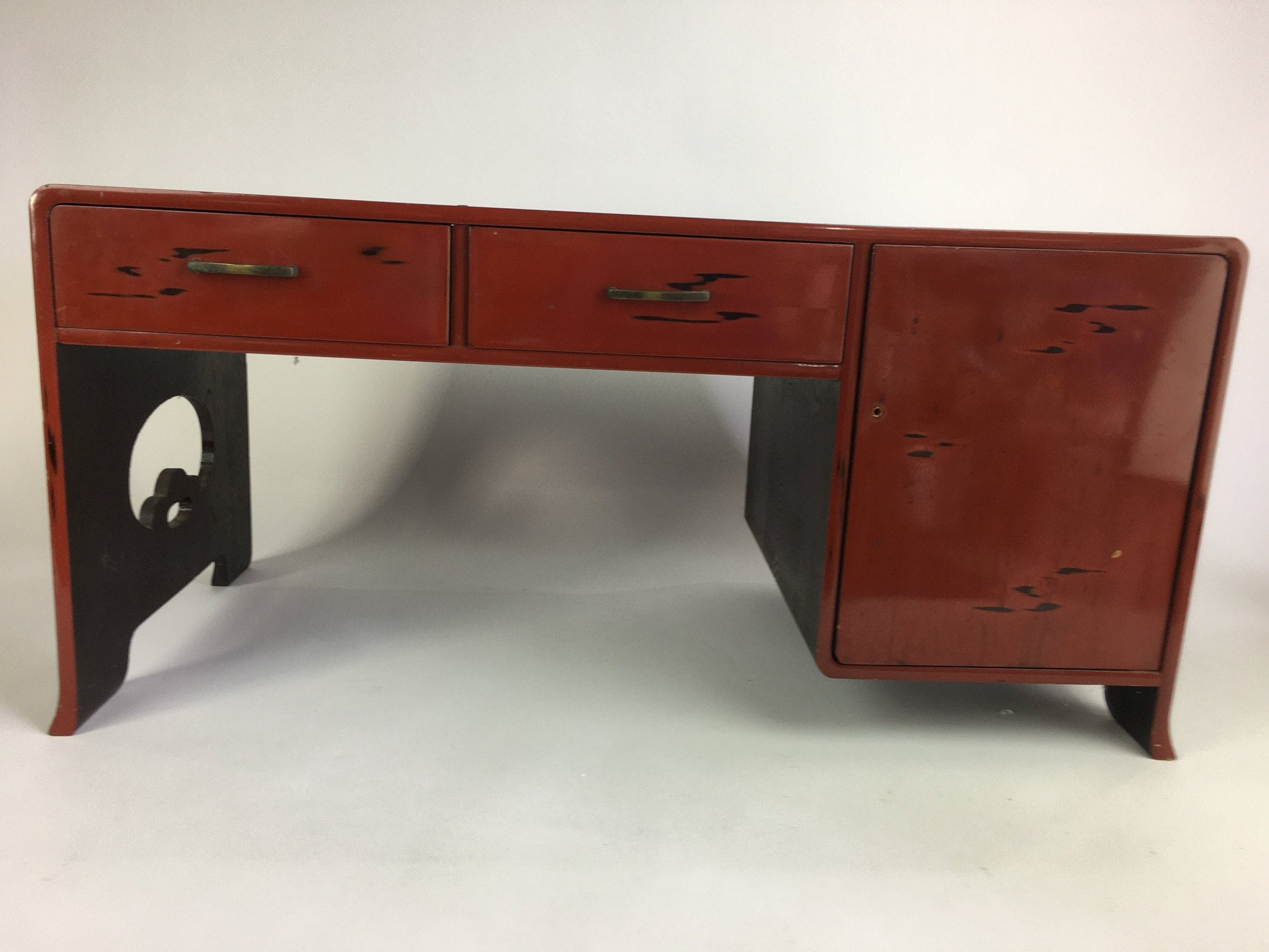 Japanese Wooden Low Desk Vtg 2 Drawers Sliding Door Black Red T242