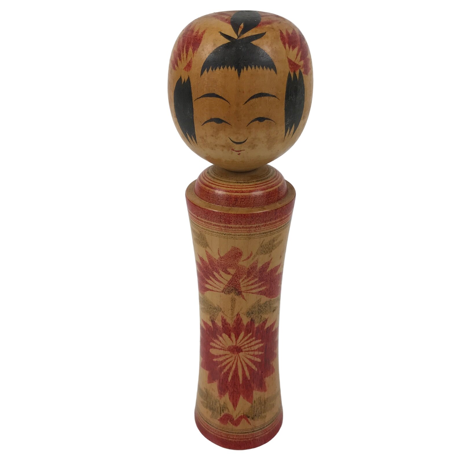Japanese Wooden Naruko Kokeshi Doll Vtg Black Red Brown Traditional Craft KF763