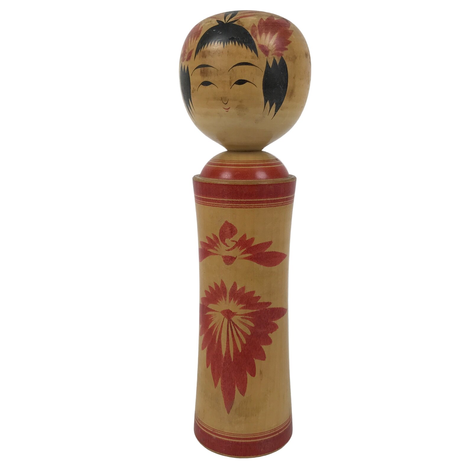 Japanese Wooden Naruko Kokeshi Doll Vtg Black Red Brown Traditional Craft KF783