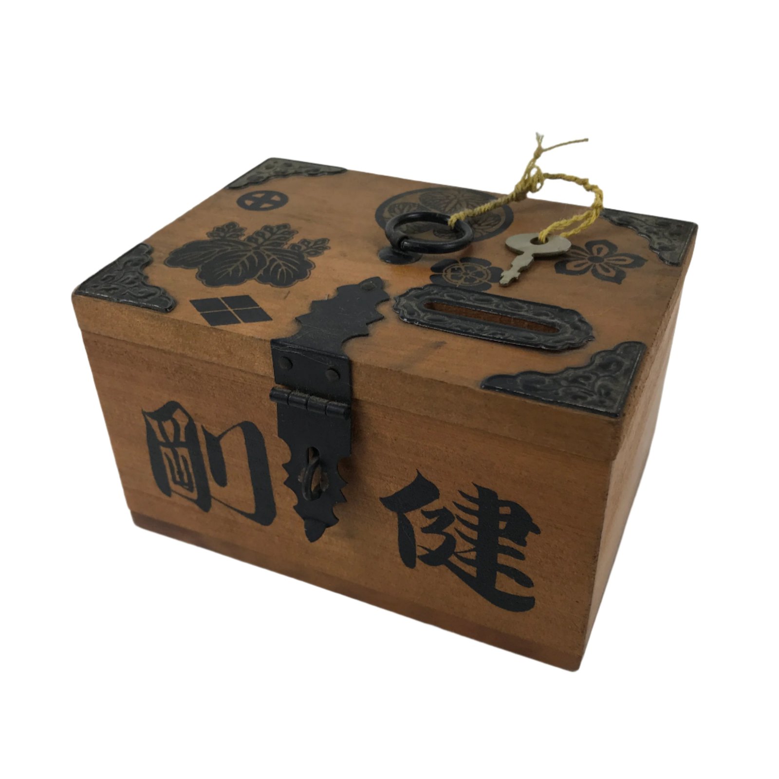 Japanese Wooden Piggy Bank Vtg Money Saving Box Family Crests Brown JK790