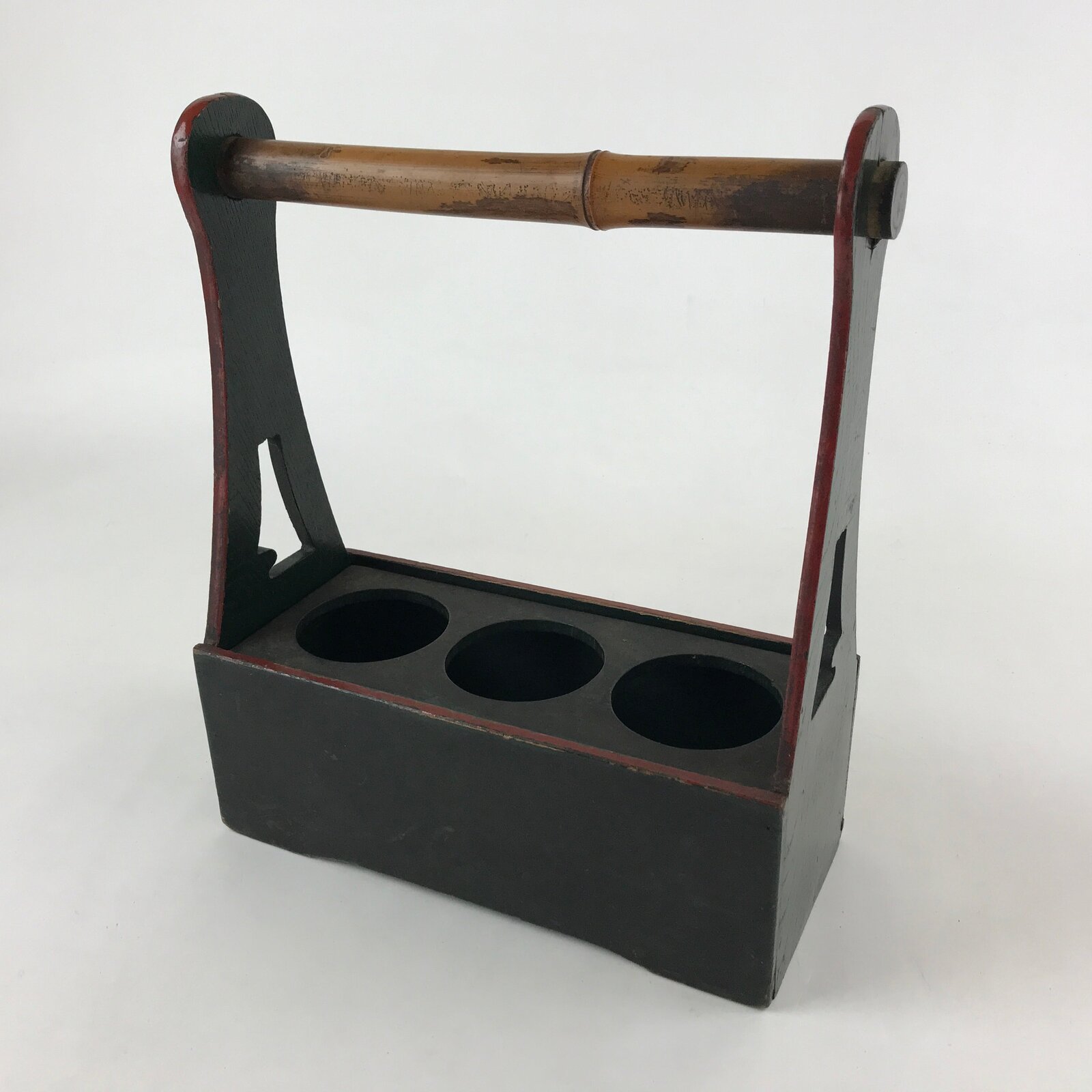 Japanese Wooden Sake Bottle Carrier Box Vtg Bamboo Handle Mt. Fuji Green JK603