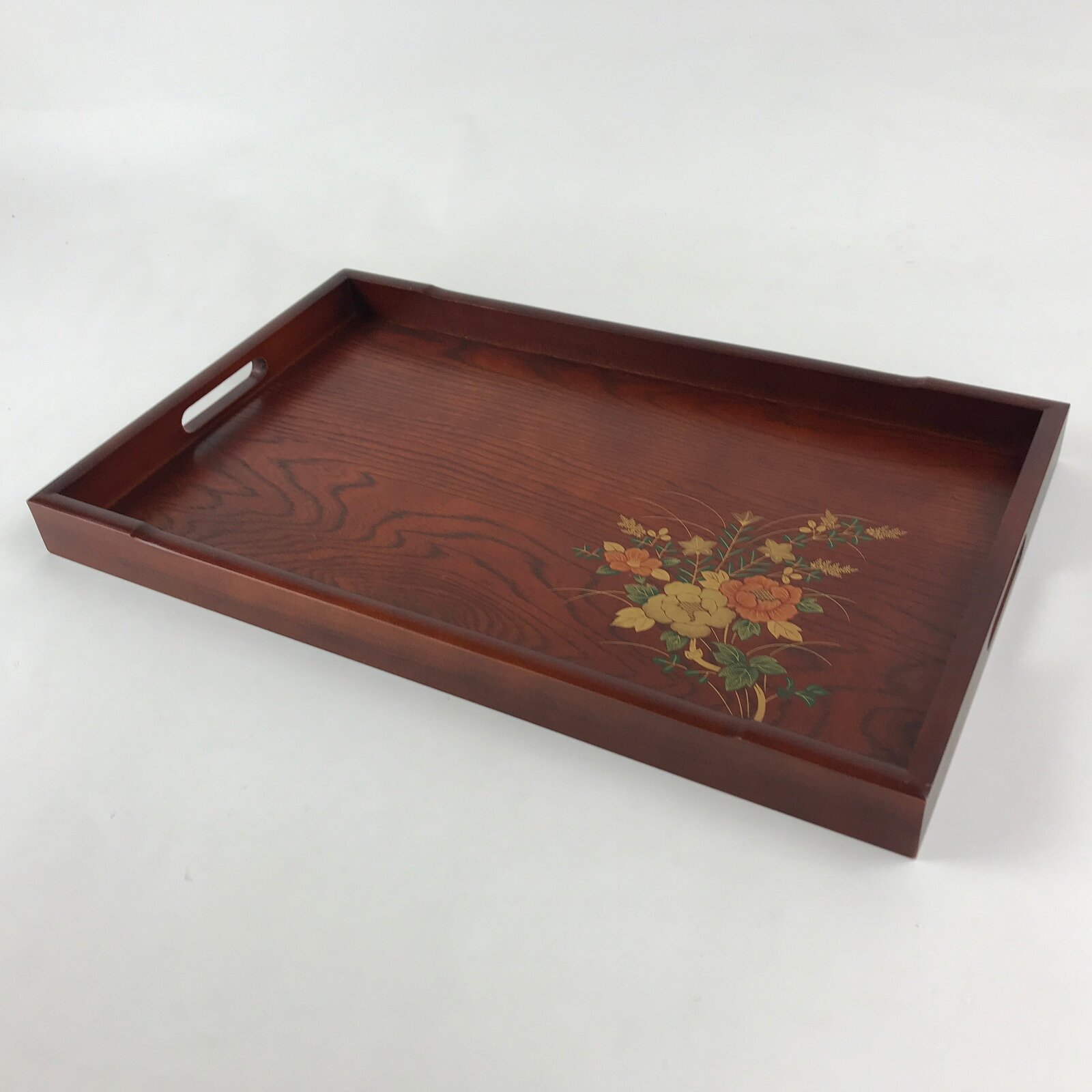 Japanese Wooden Serving Tray Vtg Large Obon Dark Brown Peony Botan UR948