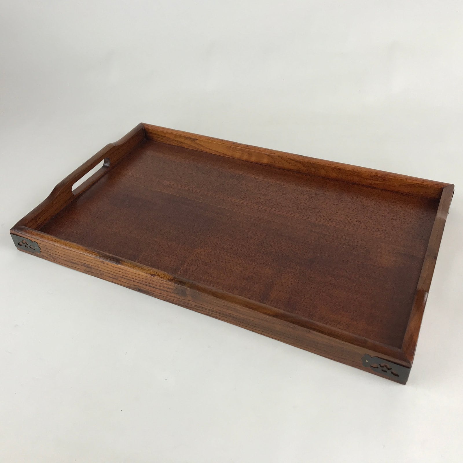 Japanese Wooden Serving Tray Vtg Large Obon Dark Brown Rectangle UR871