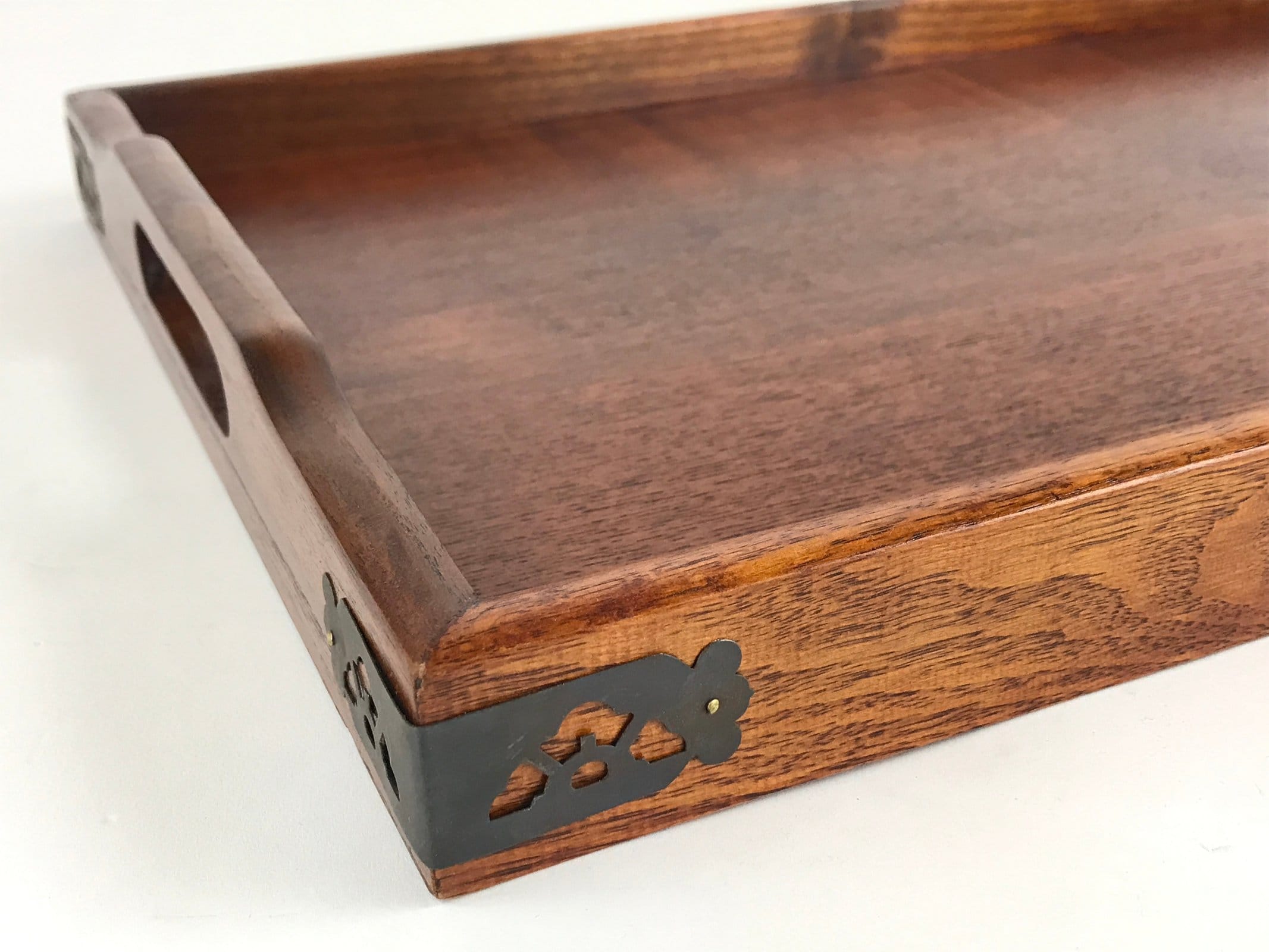 Japanese Wooden Serving Tray Vtg Large Obon Dark Brown Rectangle UR871