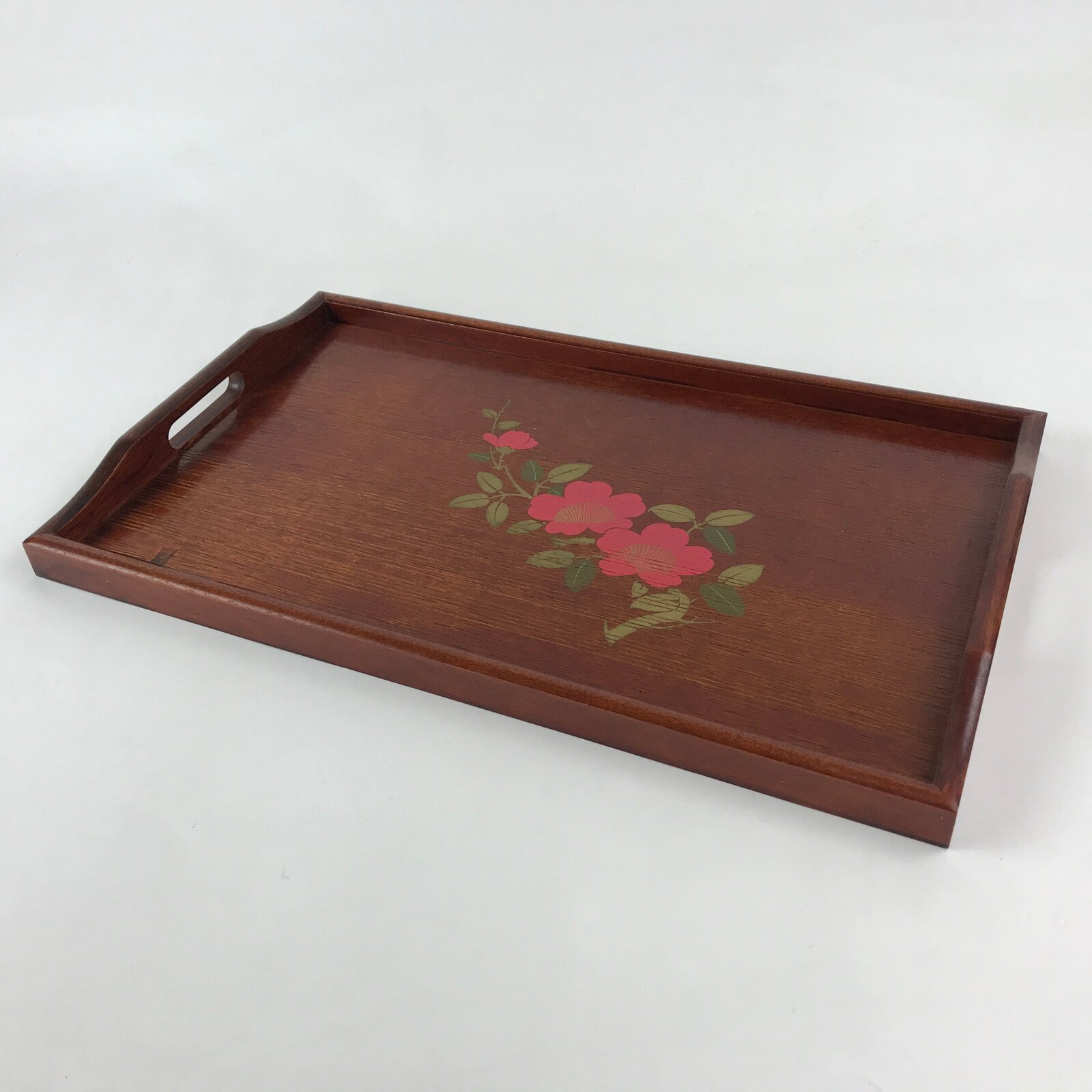 Japanese Wooden Serving Tray Vtg Large Obon Dark Brown Tsubaki Camellia UR947