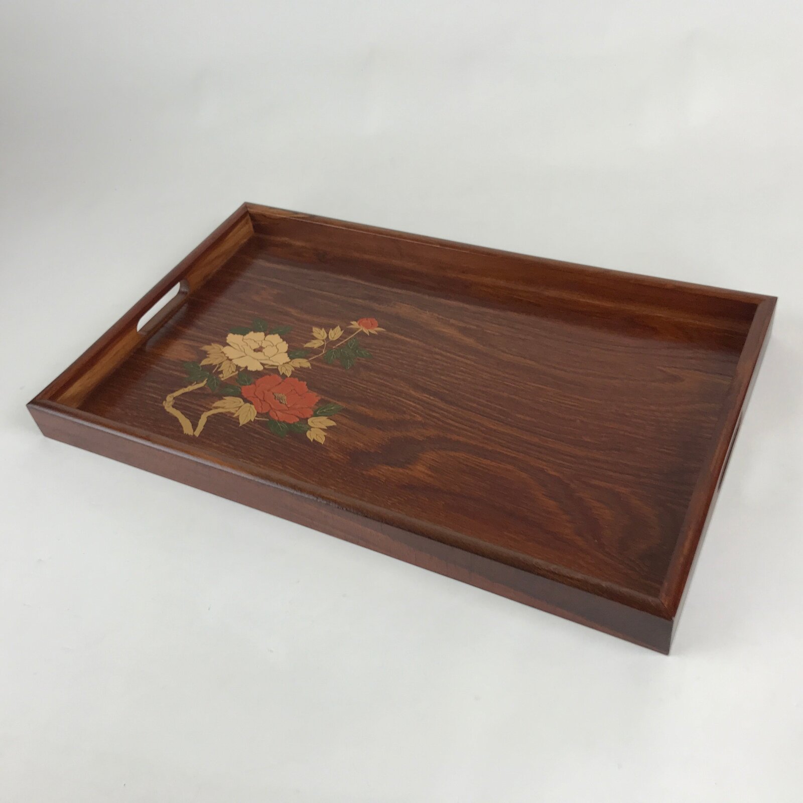 Japanese Wooden Serving Tray Vtg Obon Aizu-nuri Maki-e Peony Flowers UR870