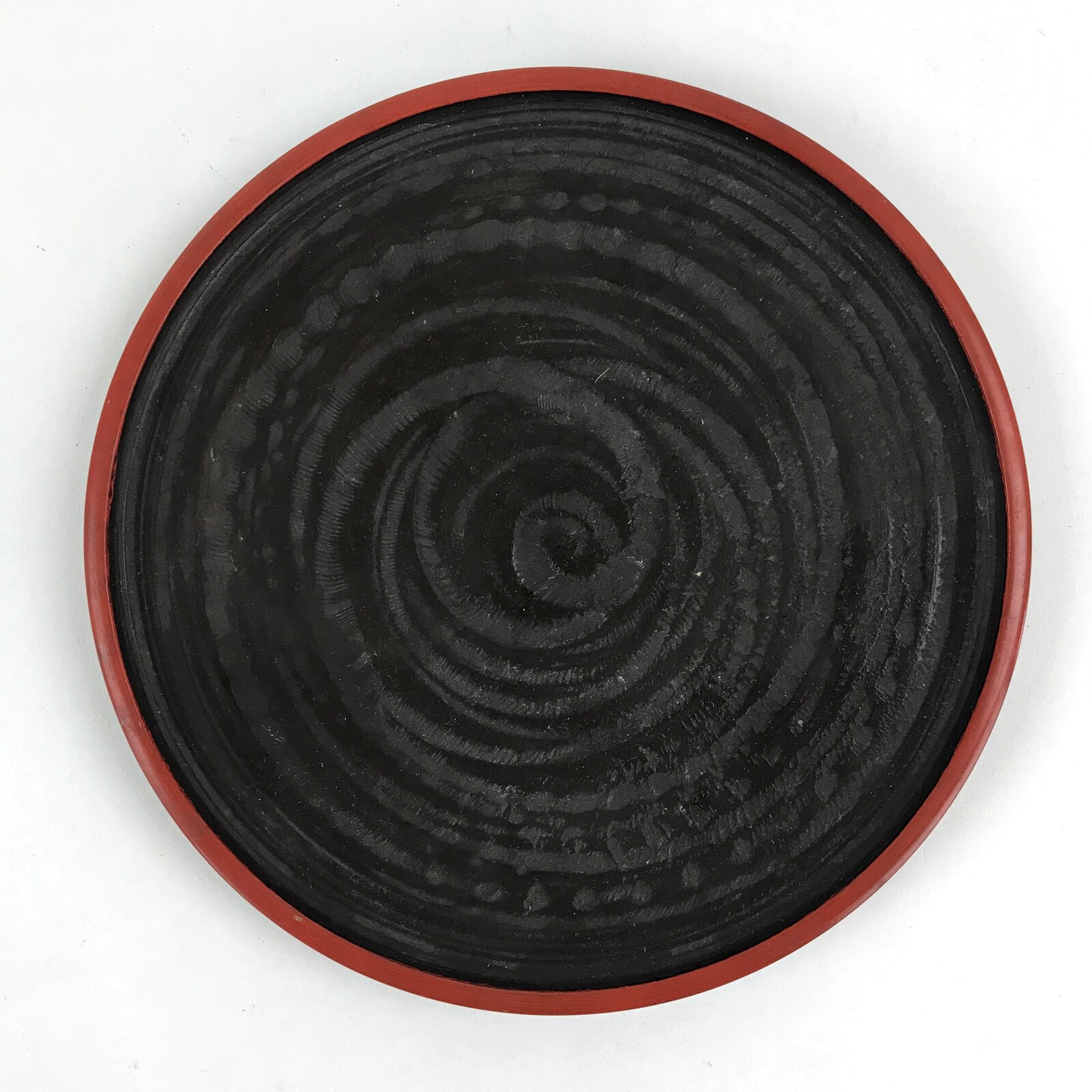 Japanese Wooden Serving Tray Vtg Obon Small Round Carved Swirl Red Black UR959