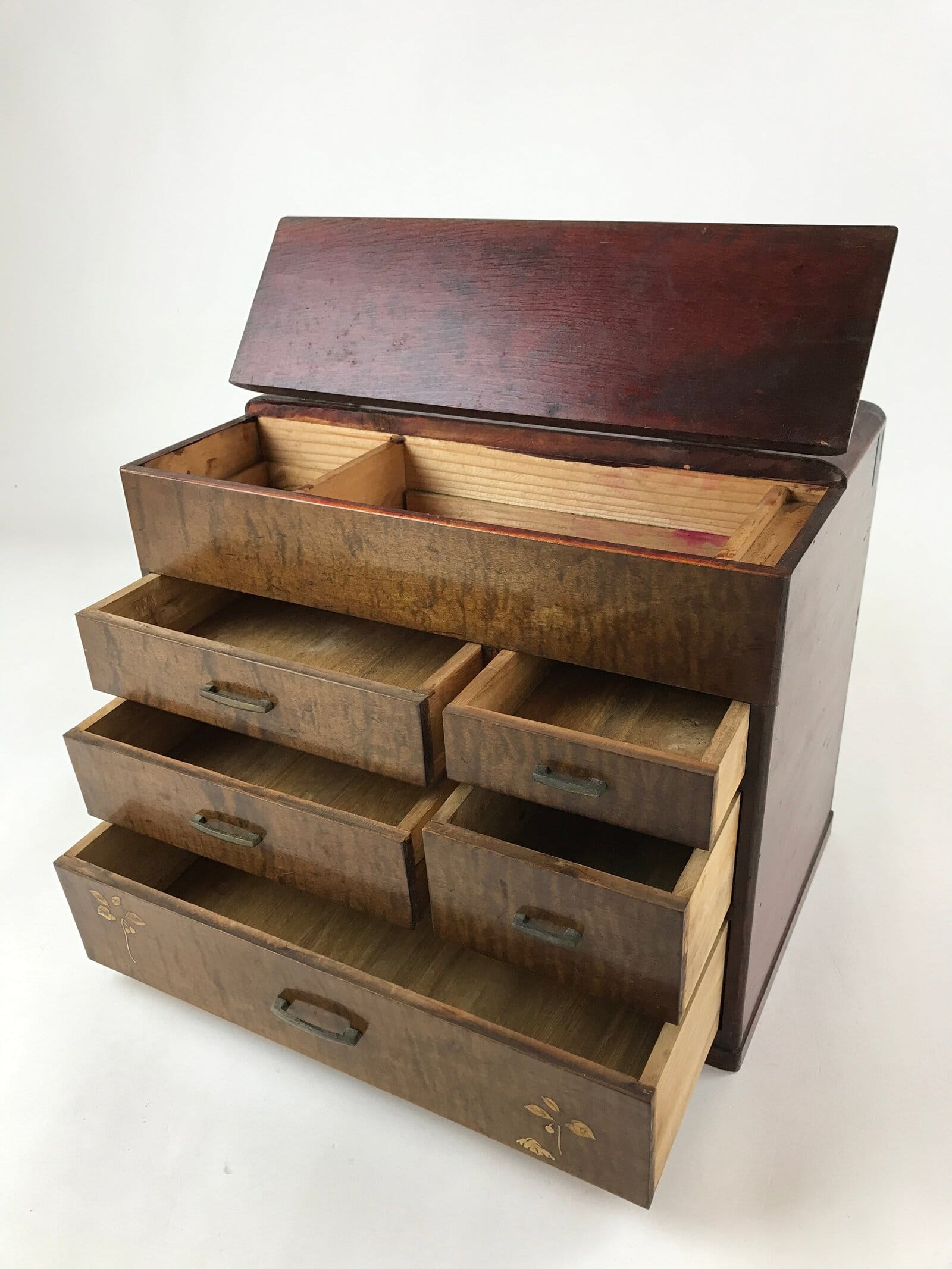 Japanese Wooden Sewing Box Haribako Vtg Tansu 5 Drawers Raden Dark Brown T361