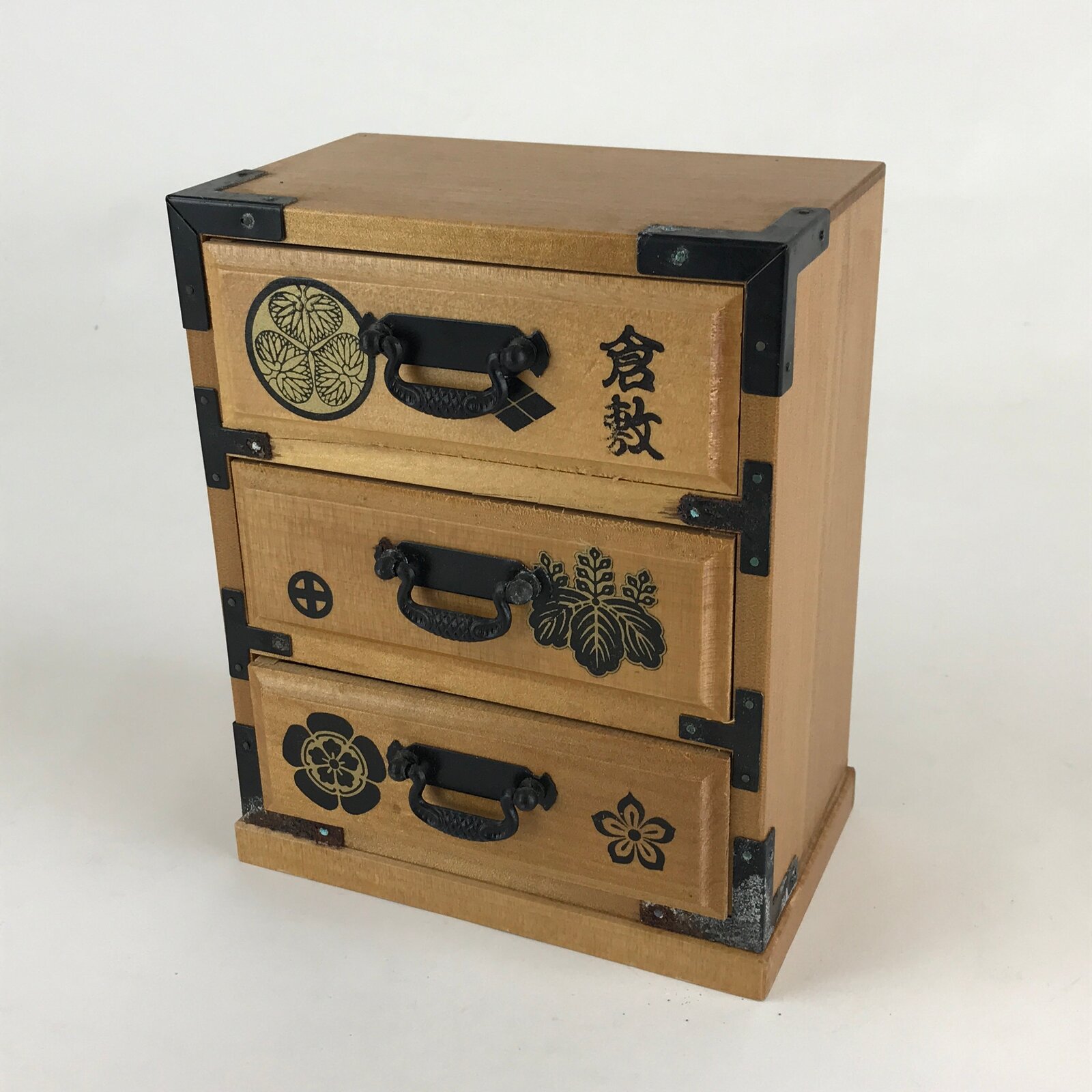 Japanese Wooden Sewing Box Haribako Vtg Tansu Chest 3 Drawers Family Crest T334
