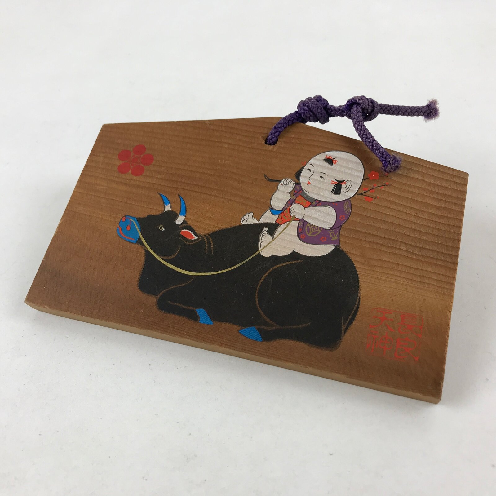 Japanese Wooden Shrine Plaque Ema Vtg Shinto Hanging Wish Zodiac Ox Cow EM22