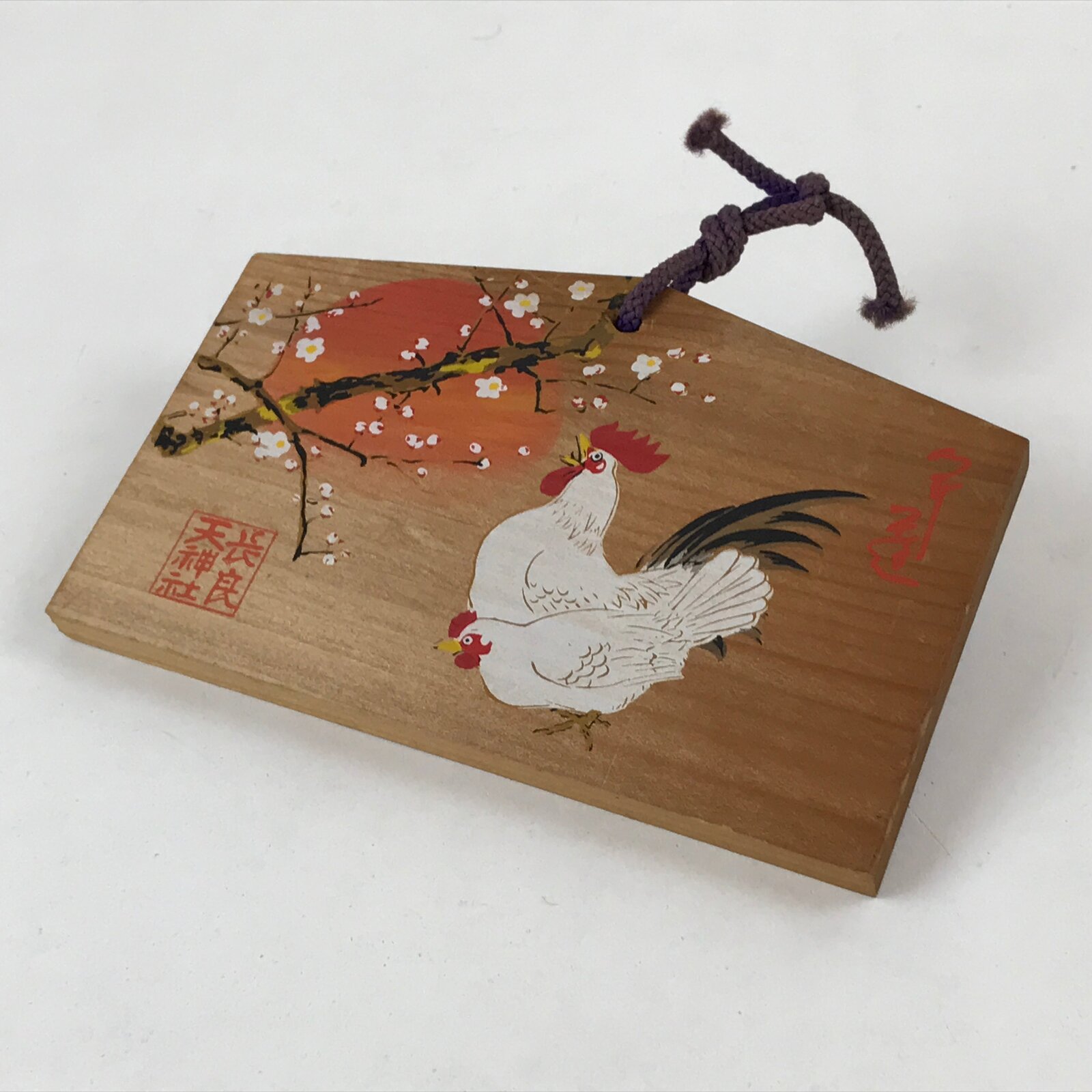 Japanese Wooden Shrine Plaque Ema Vtg Shinto Hanging Wish Zodiac Rooster EM5