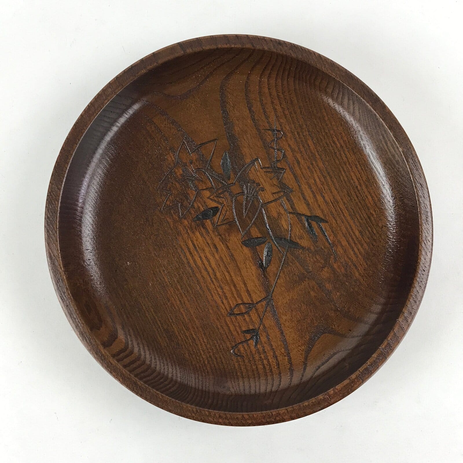 Japanese Wooden Snack Bowl Vtg Kashiki Dark Brown Round Azalea Flower UR894