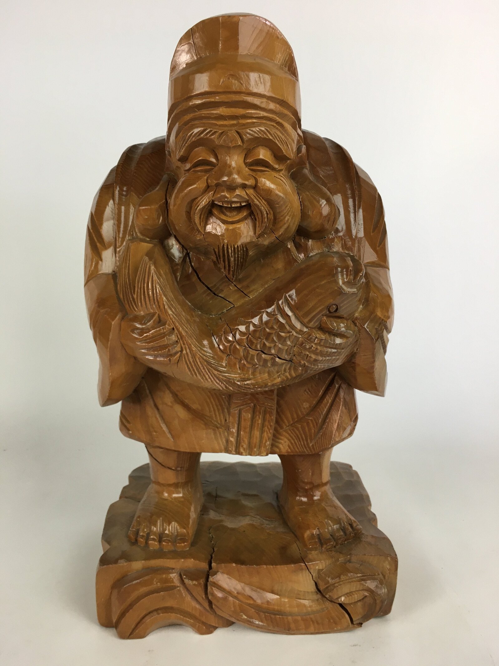 Japanese Wooden Statue Vtg 7 Lucky Gods Ebisu Wood Carving Brown BD677