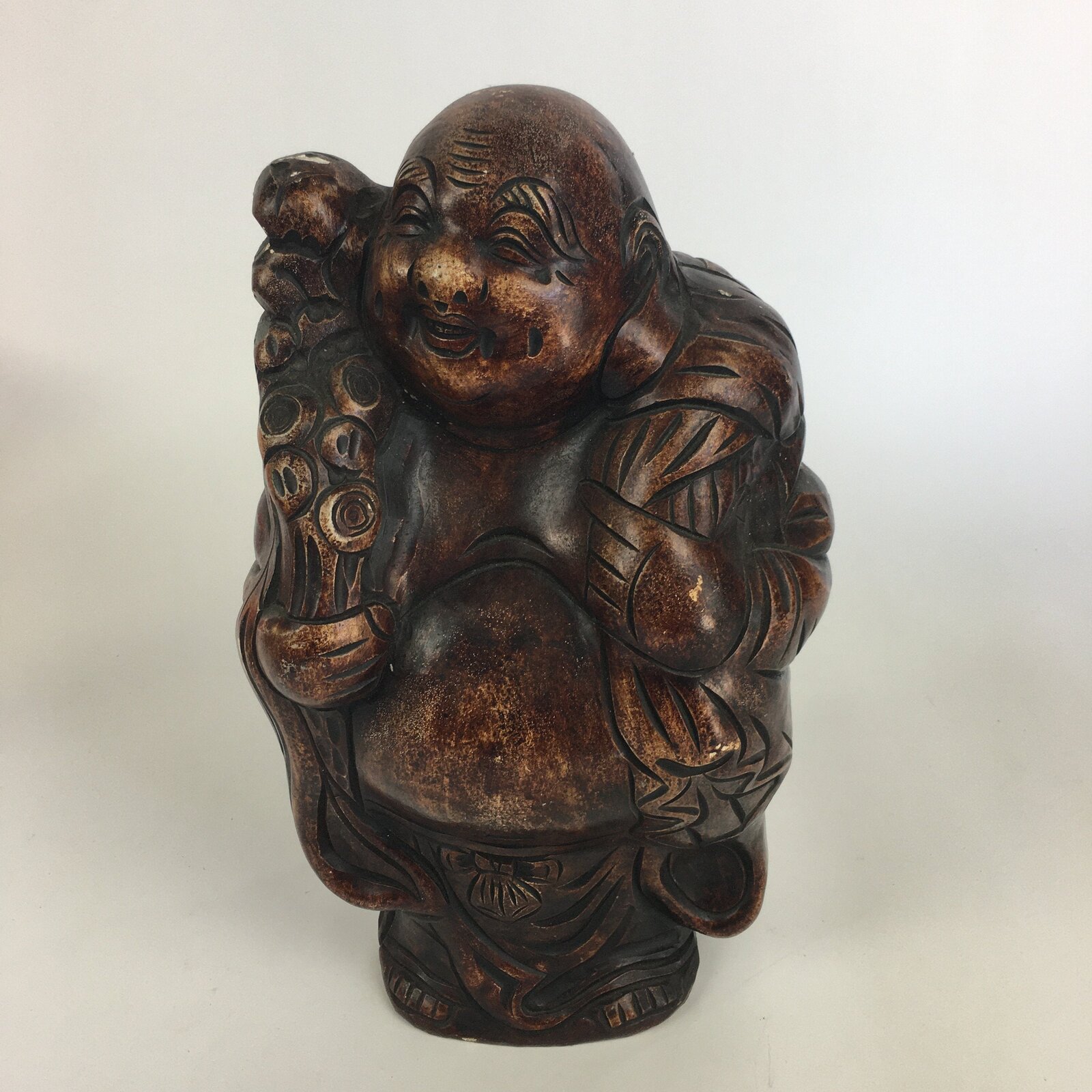 Japanese Wooden Statue Vtg 7 Lucky Gods Hotei Wood Plaster Brown BD685