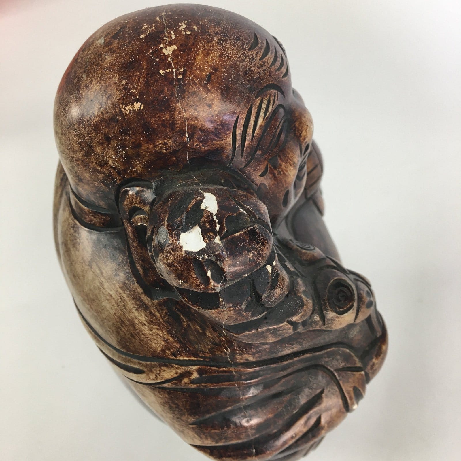 Japanese Wooden Statue Vtg 7 Lucky Gods Hotei Wood Plaster Brown BD685