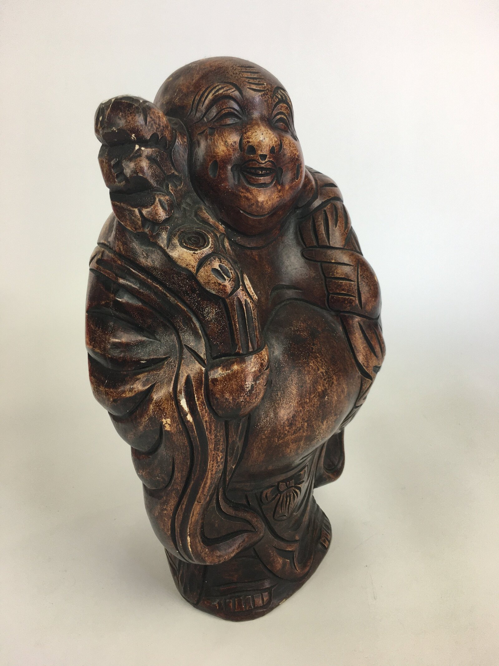 Japanese Wooden Statue Vtg 7 Lucky Gods Hotei Wood Plaster Brown BD685