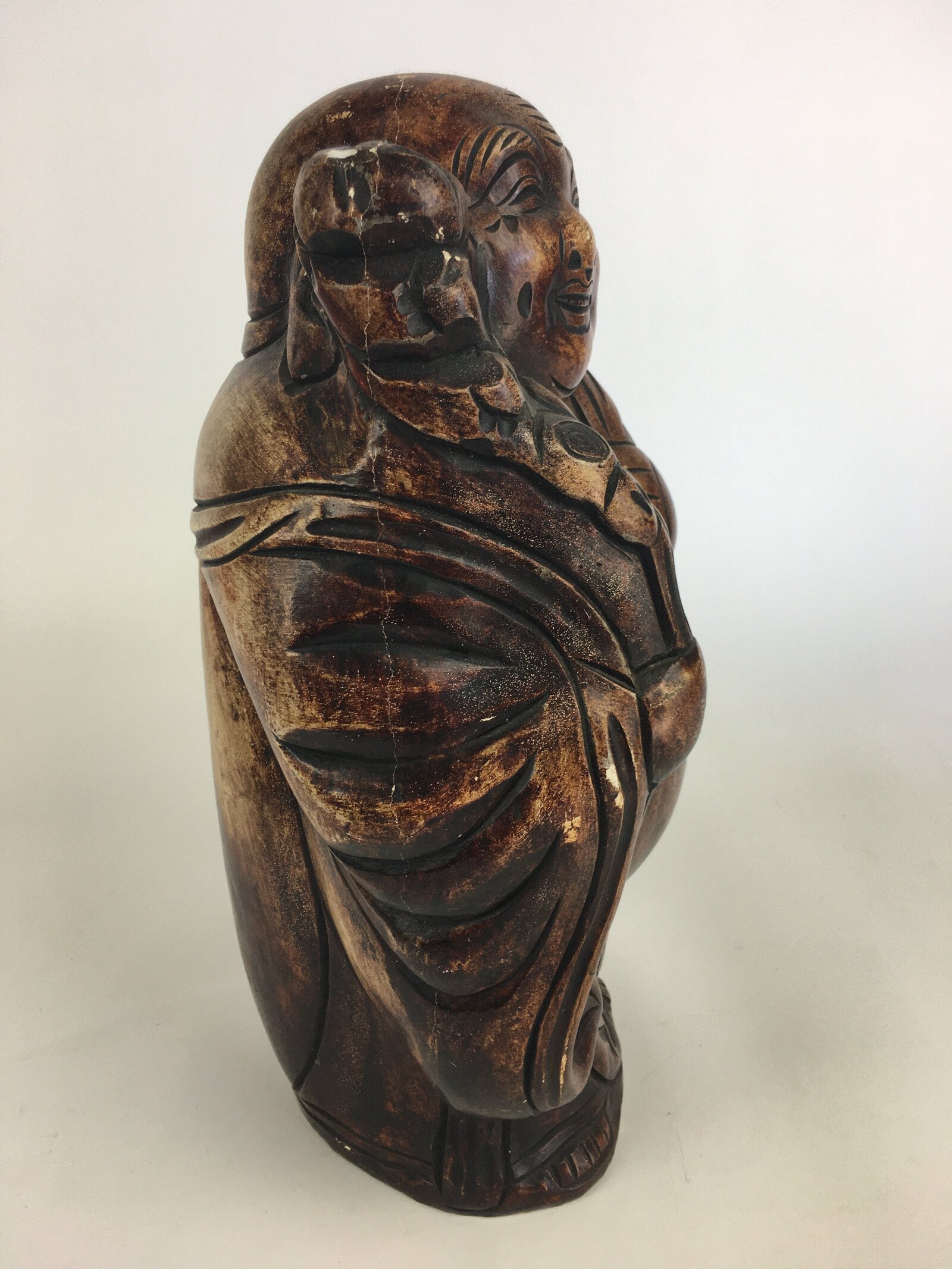 Japanese Wooden Statue Vtg 7 Lucky Gods Hotei Wood Plaster Brown BD685
