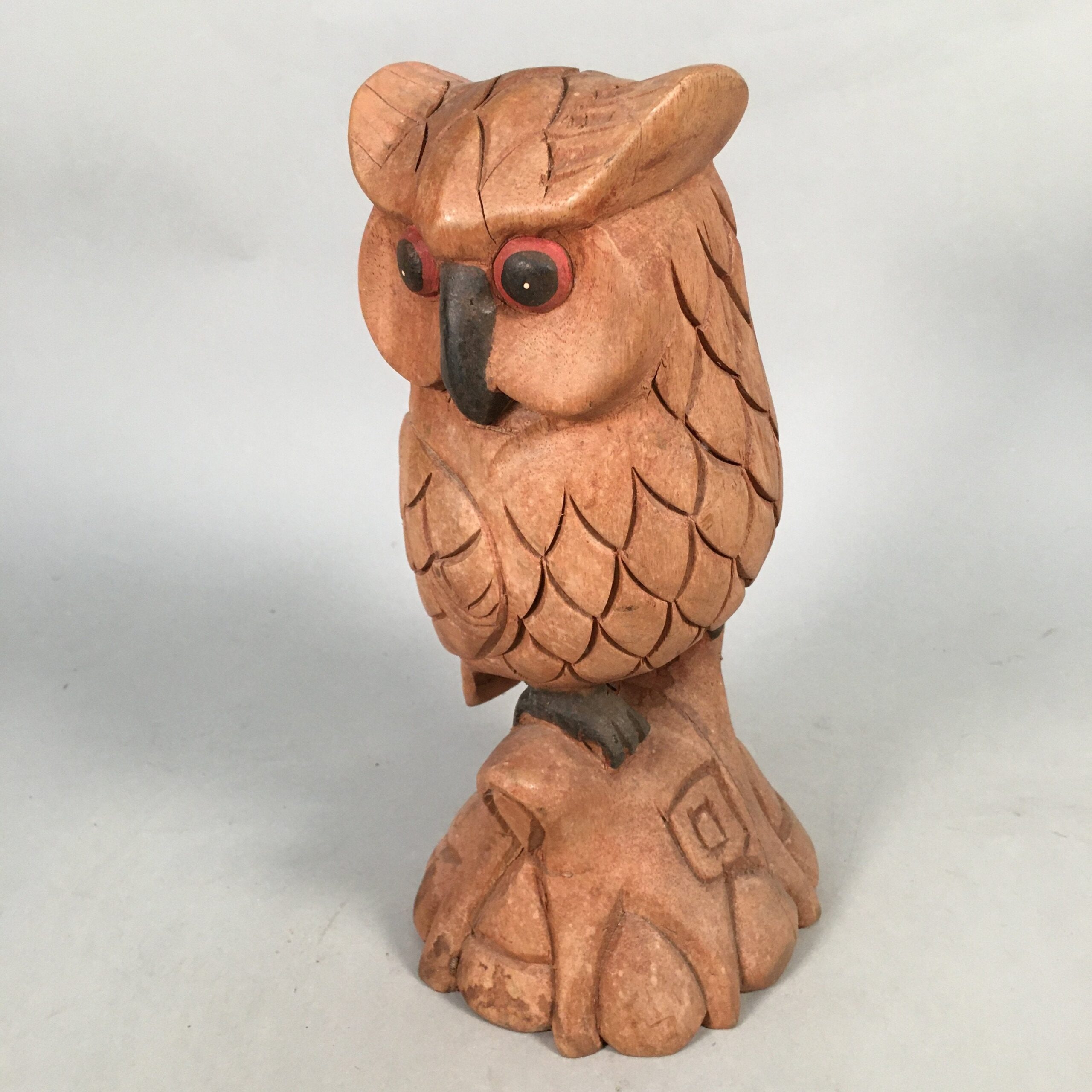 Japanese Wooden Statue Vtg Lucky Charm Owl Bird Brown BD571