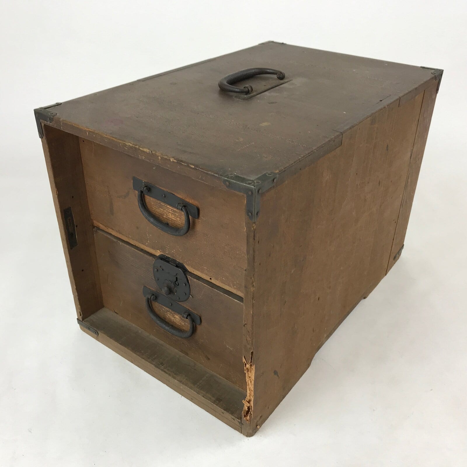 Japanese Wooden Storage Chest Vtg Large Lockbox Safe 2 Drawers Brown T363