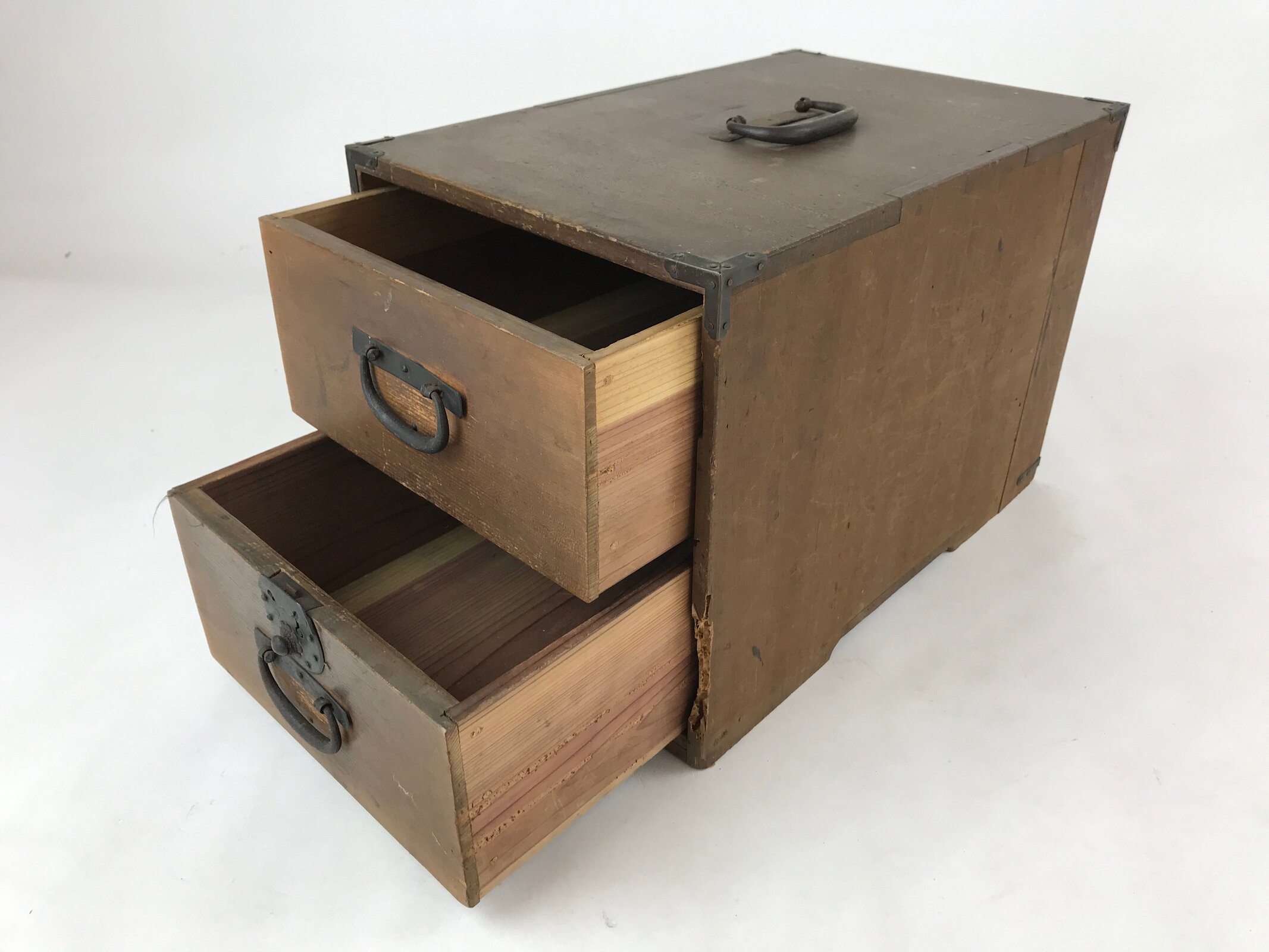 Japanese Wooden Storage Chest Vtg Large Lockbox Safe 2 Drawers Brown T363