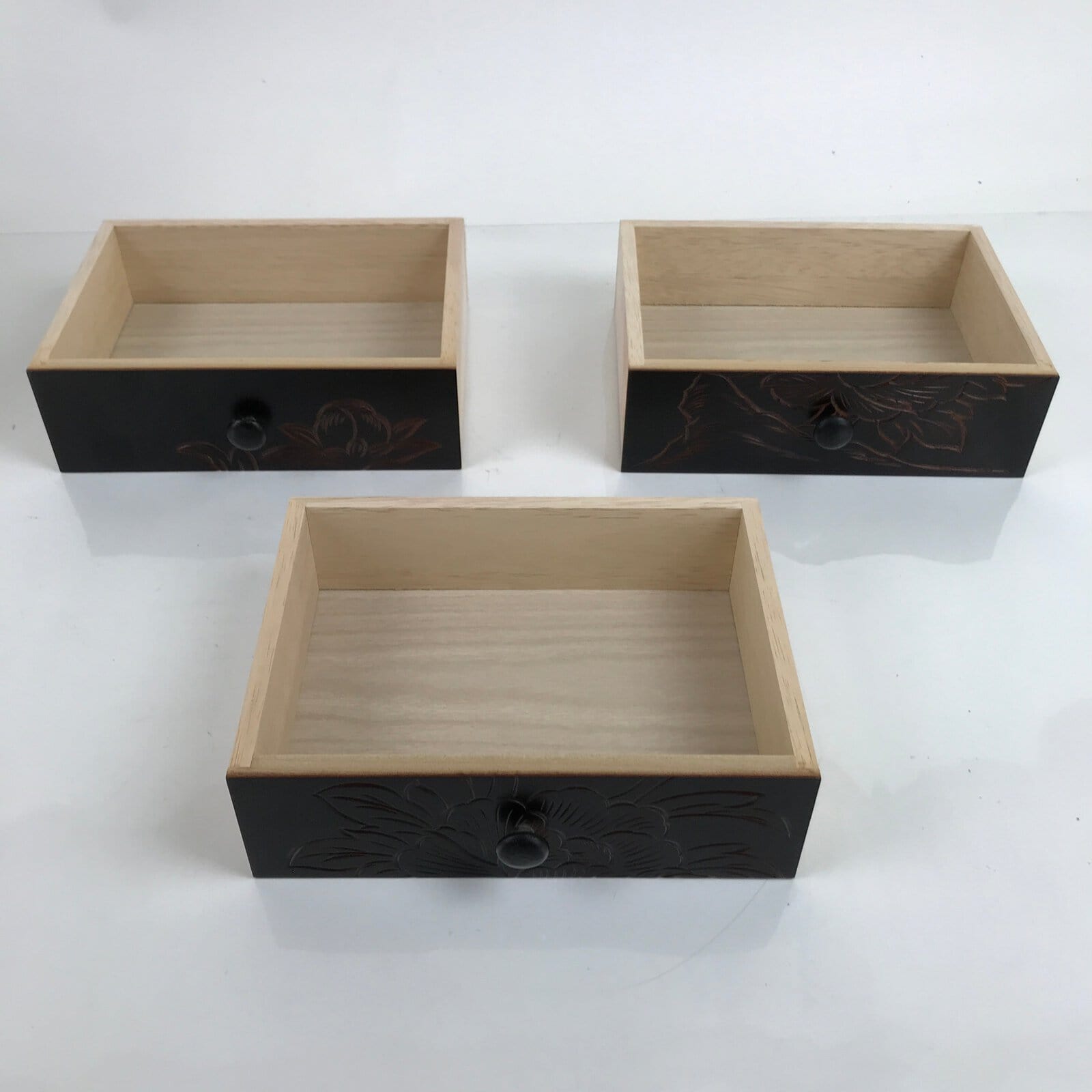 Japanese Wooden Tansu Storage Chest Vtg Haribako Engraved Peony 3 Drawers T376