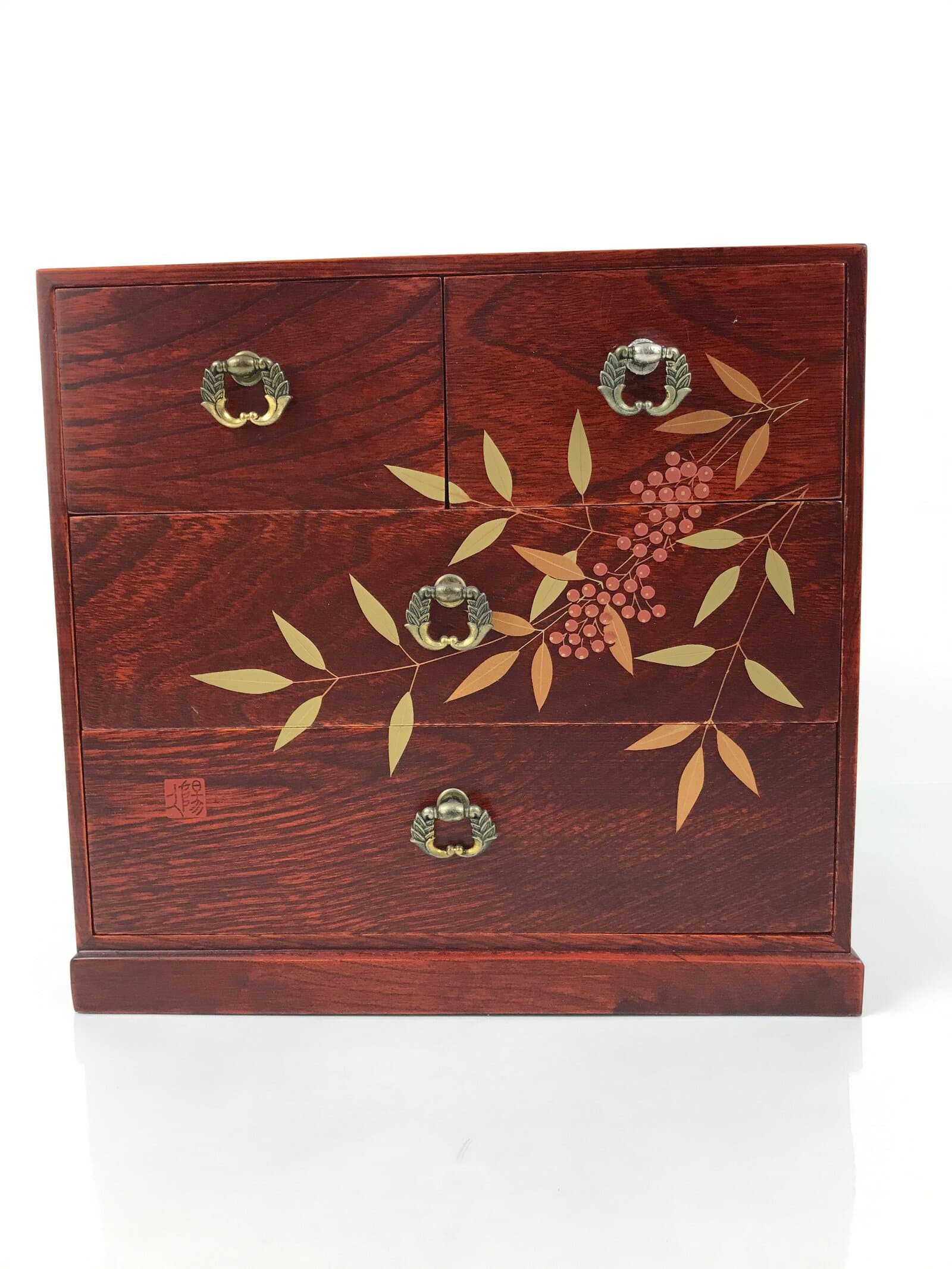 Japanese Wooden Tansu Storage Chest Vtg Haribako Four Drawers Makie Nanten T414