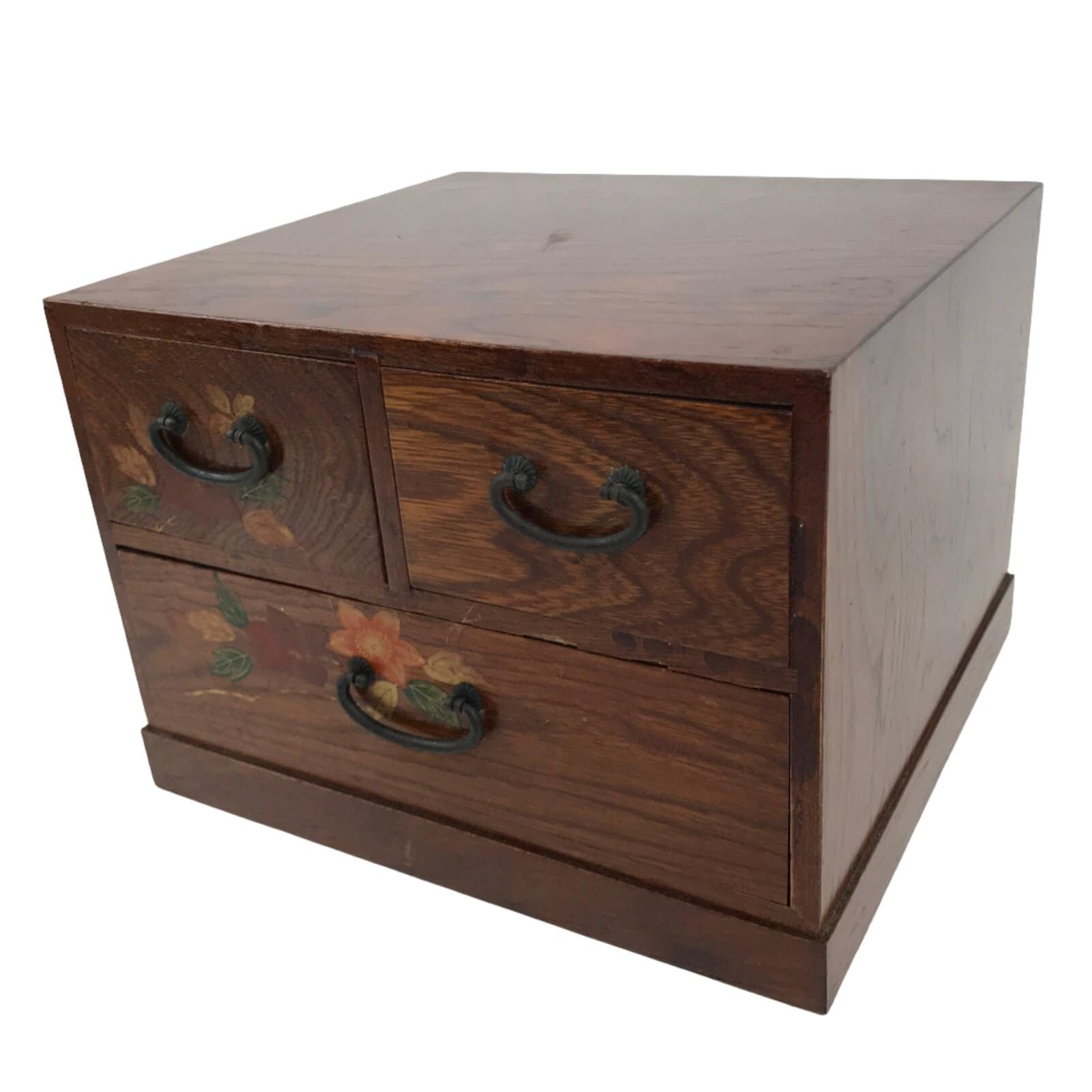 Japanese Wooden Tansu Storage Chest Vtg Haribako Three Drawers Makie Floral T387