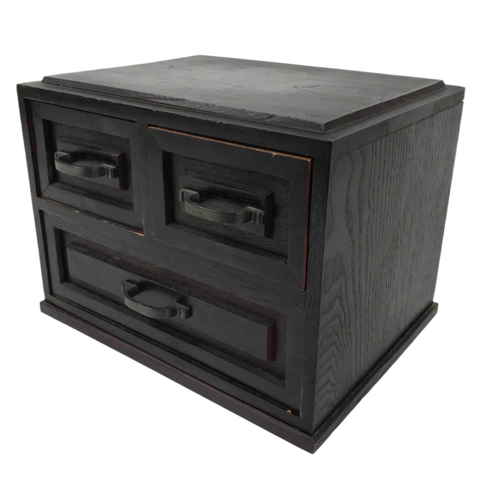 Japanese Wooden Tansu Storage Chest Vtg Haribako Trinket Box 3 Drawer Brown T405