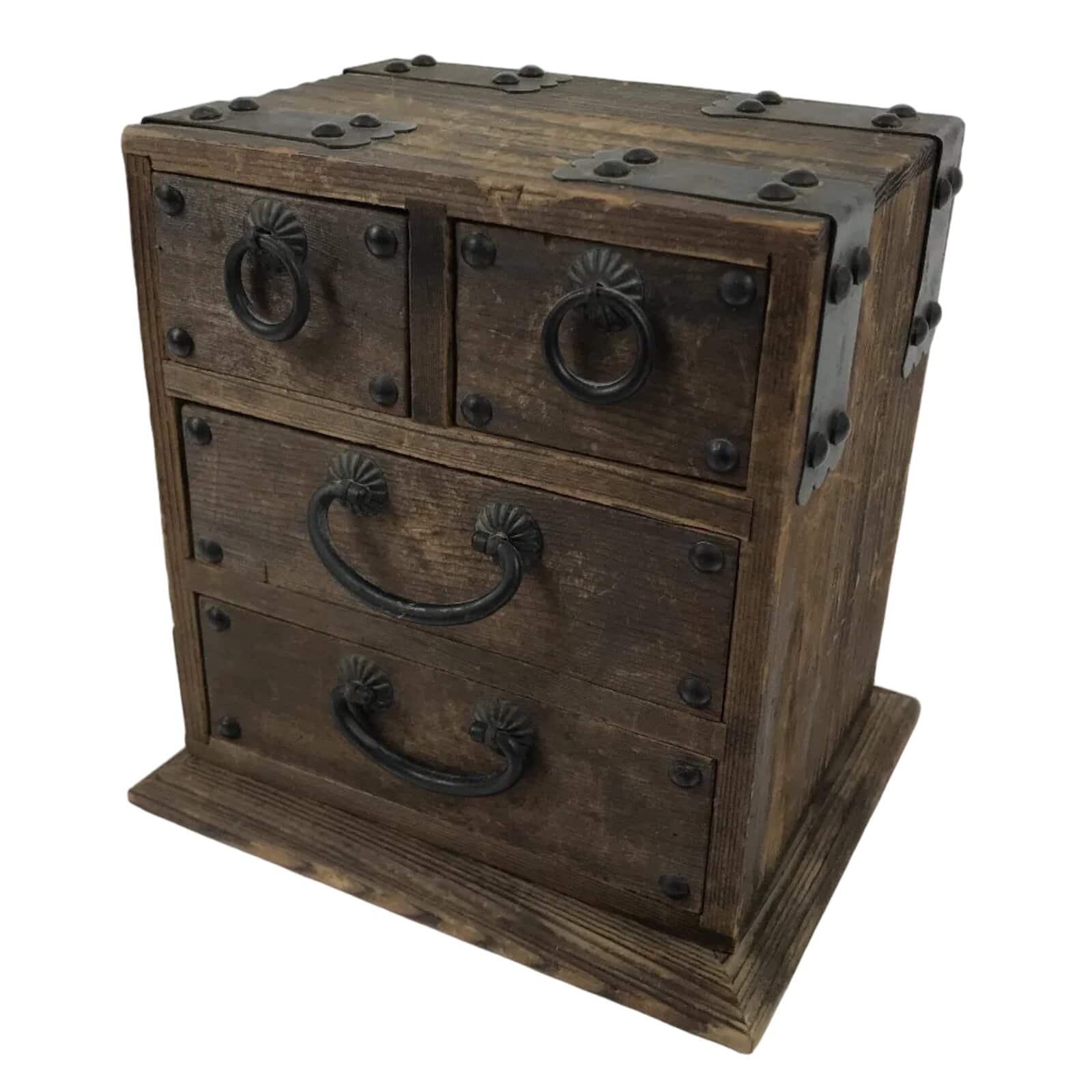 Japanese Wooden Tansu Storage Chest Vtg Haribako Trinket Box 4 Drawer Brown T418