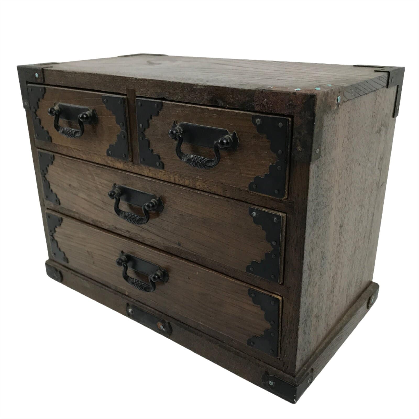 Japanese Wooden Tansu Storage Chest Vtg Haribako Trinket Box 4 Drawers T383