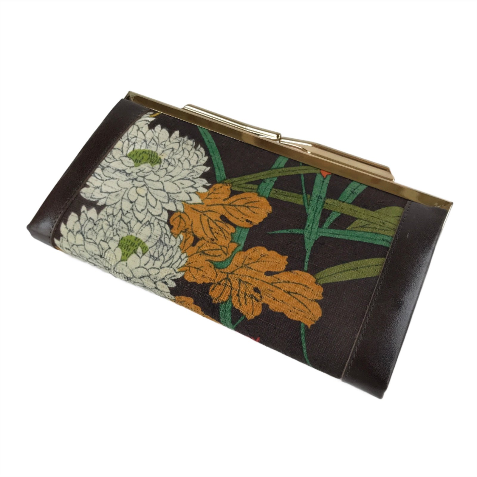 Japanese Woven Silk Fabric Wallet Vtg Gamaguchi Clasp Pleather Floral Brown KB85