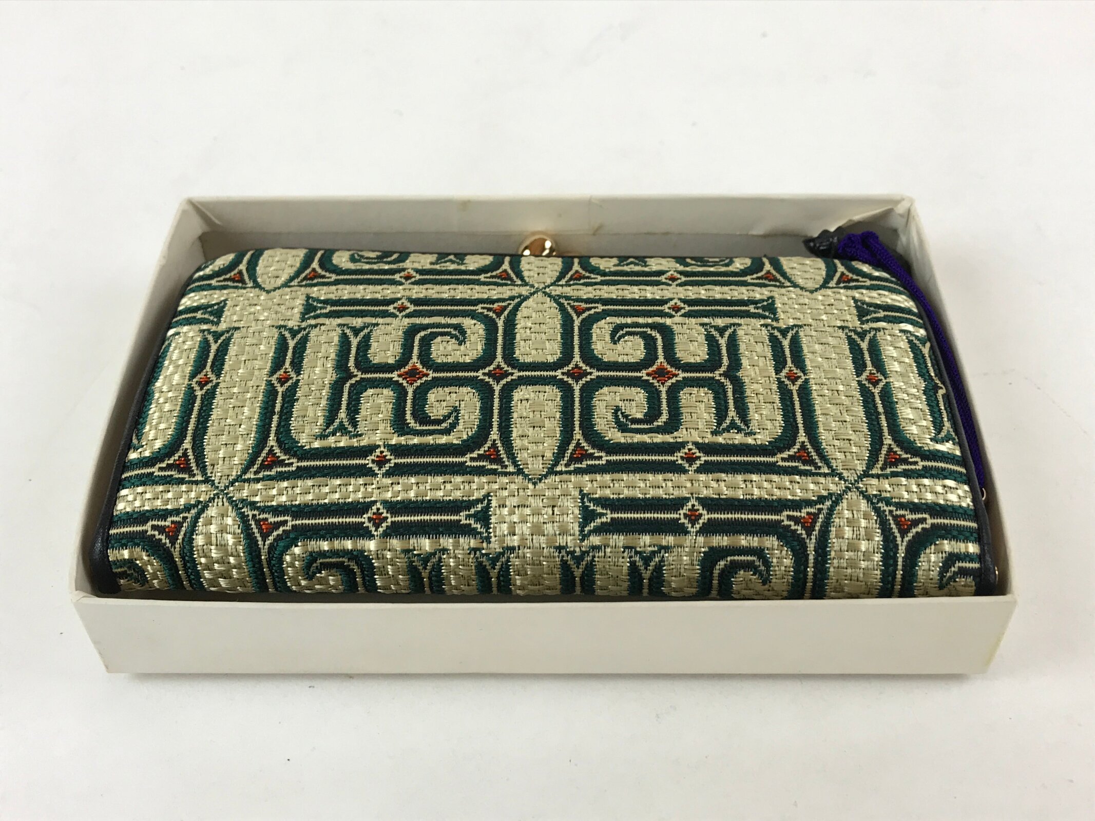 Japanese Woven Silk Wallet Vtg Ainu Pattern Gamaguchi Clasp Green Gold KB73