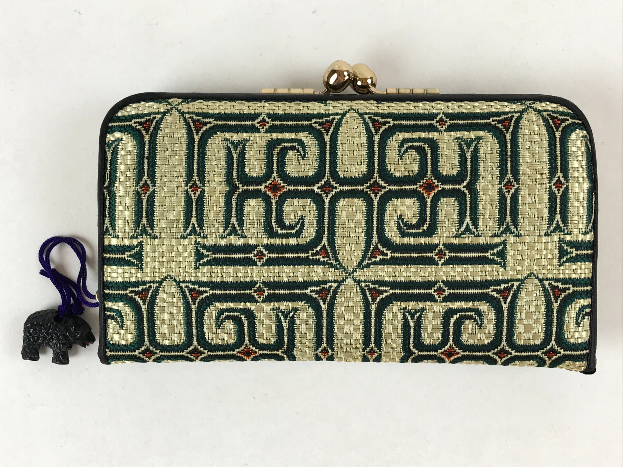 Japanese Woven Silk Wallet Vtg Ainu Pattern Gamaguchi Clasp Green Gold KB73