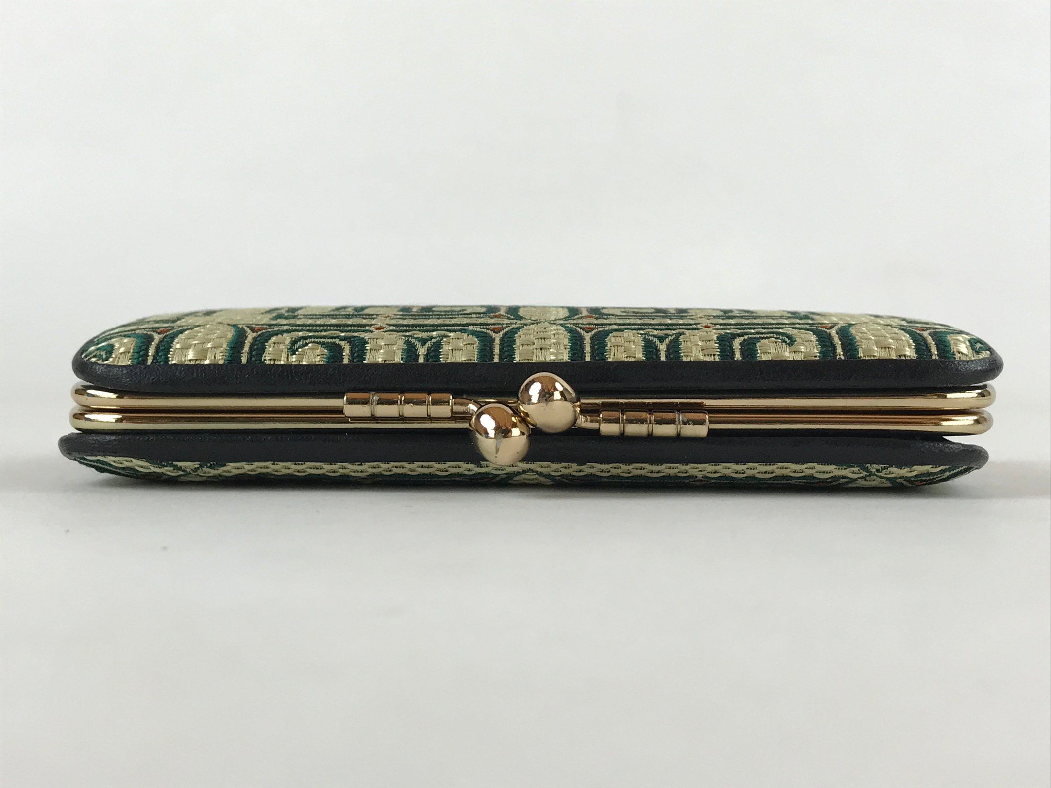 Japanese Woven Silk Wallet Vtg Ainu Pattern Gamaguchi Clasp Green Gold KB73