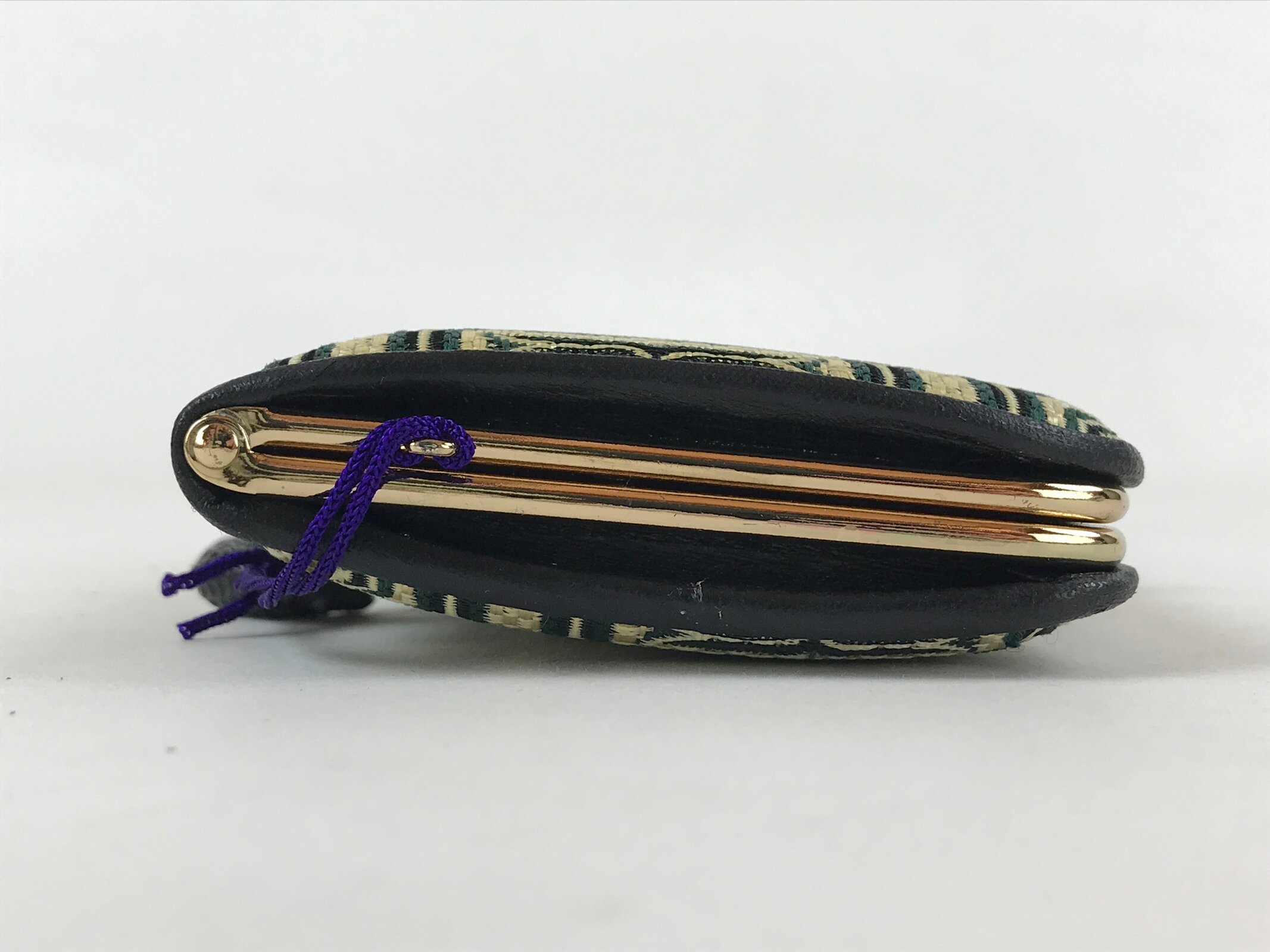 Japanese Woven Silk Wallet Vtg Ainu Pattern Gamaguchi Clasp Green Gold KB73