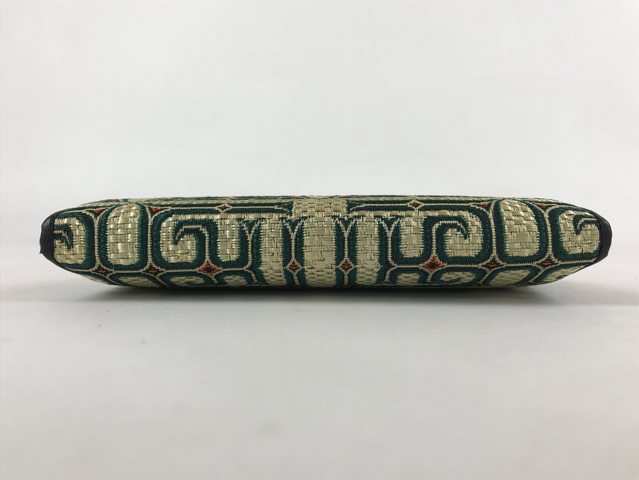 Japanese Woven Silk Wallet Vtg Ainu Pattern Gamaguchi Clasp Green Gold KB73