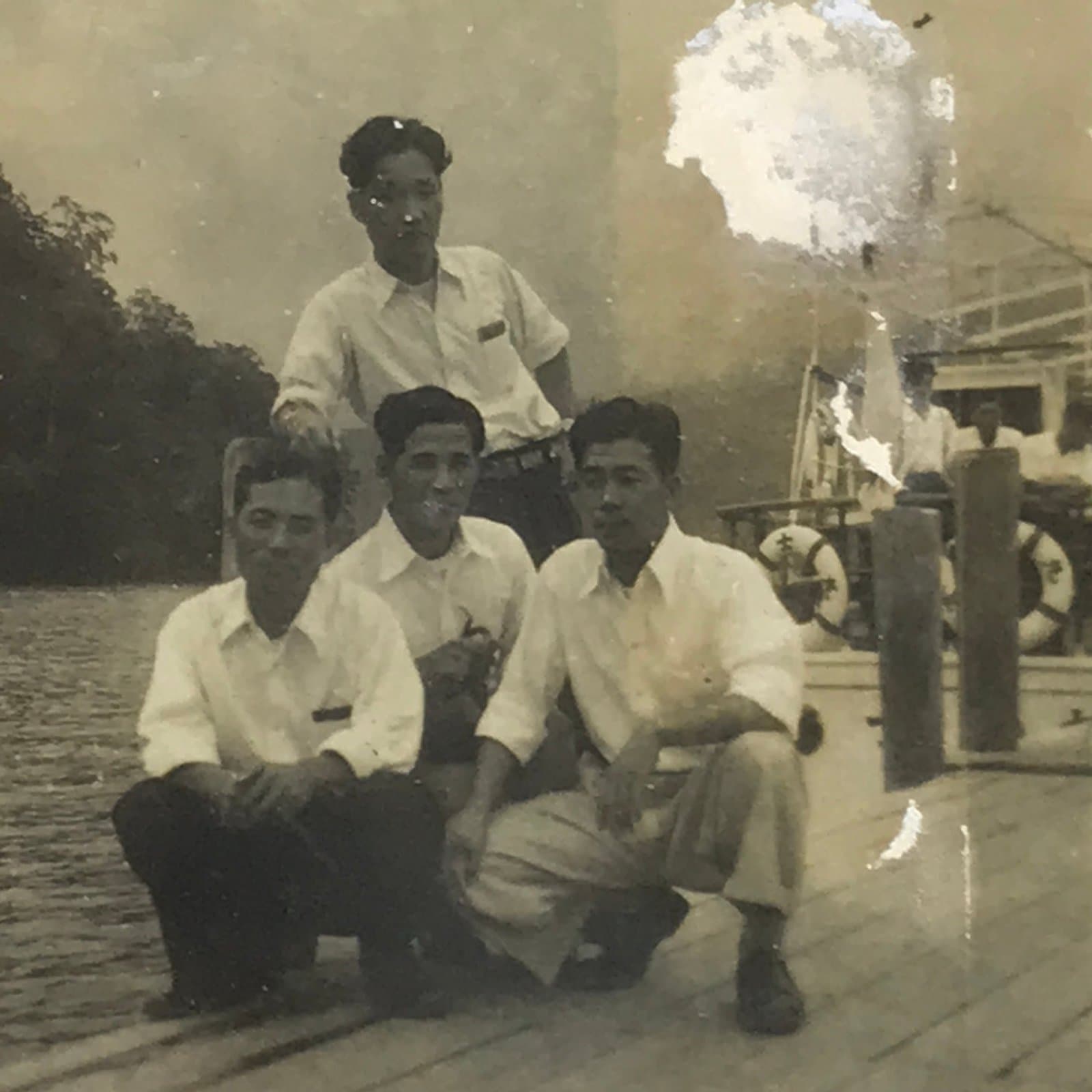 Japanese Young Men Group Photograph Vtg Boat Docks Daily Life Sepia Tone PH283