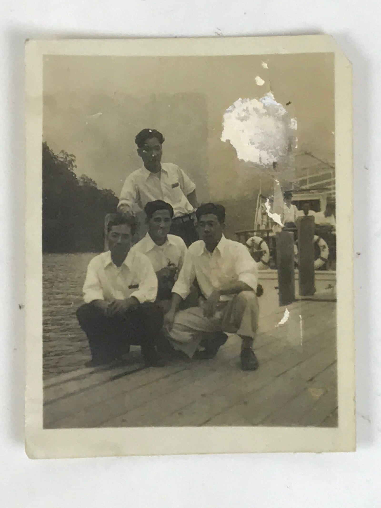 Japanese Young Men Group Photograph Vtg Boat Docks Daily Life Sepia Tone PH283