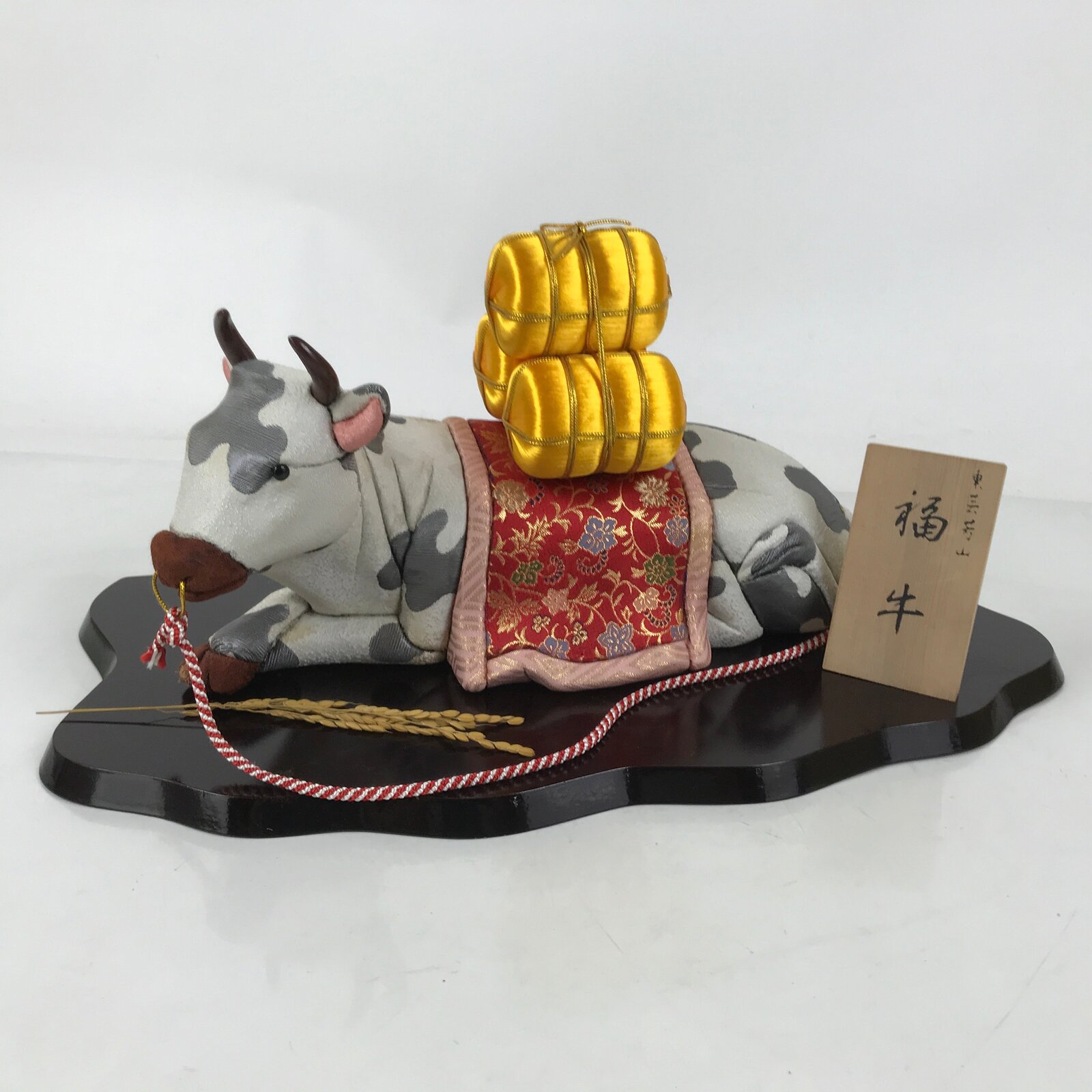 Japanese Zodiac Fabric Ox Doll Vtg Kimekomi Ningyo Animal Rice Barrel White ST26