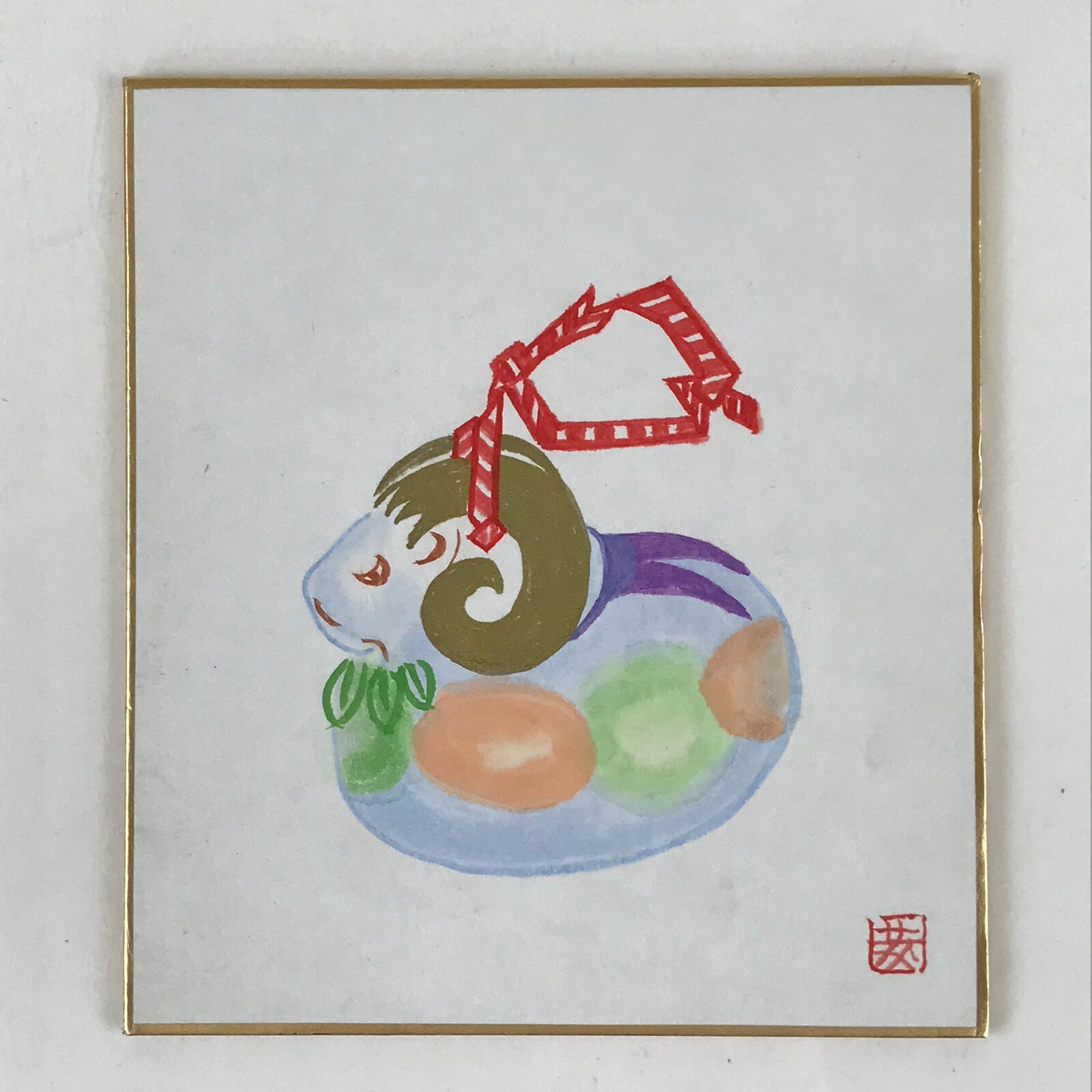 Japanese Zodiac Sheep Painting Art Board Painting Vtg Small Shikishi Paper A498