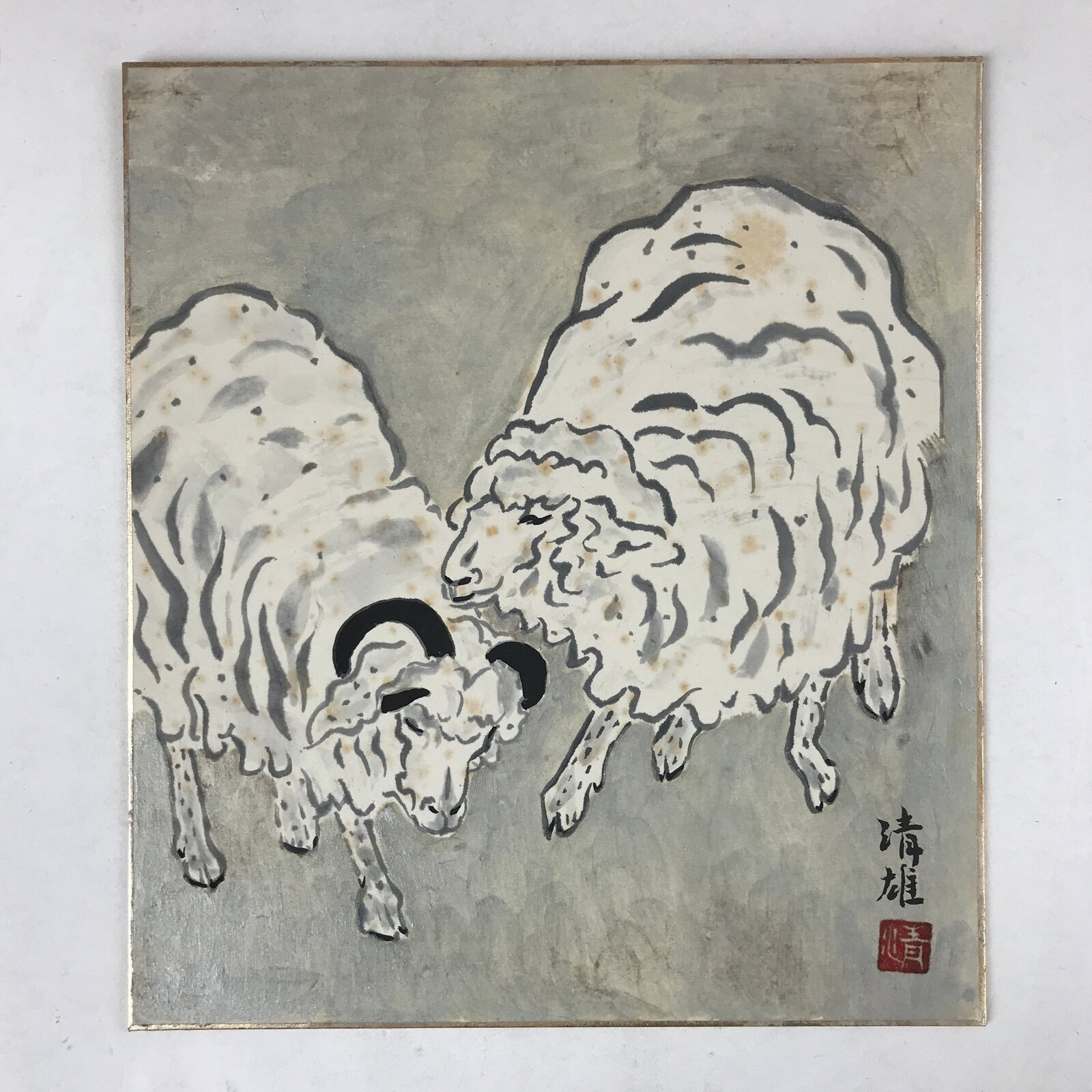Japanese Zodiac Shikishi Art Board Painting Two Sheeps Realistic Silver A580