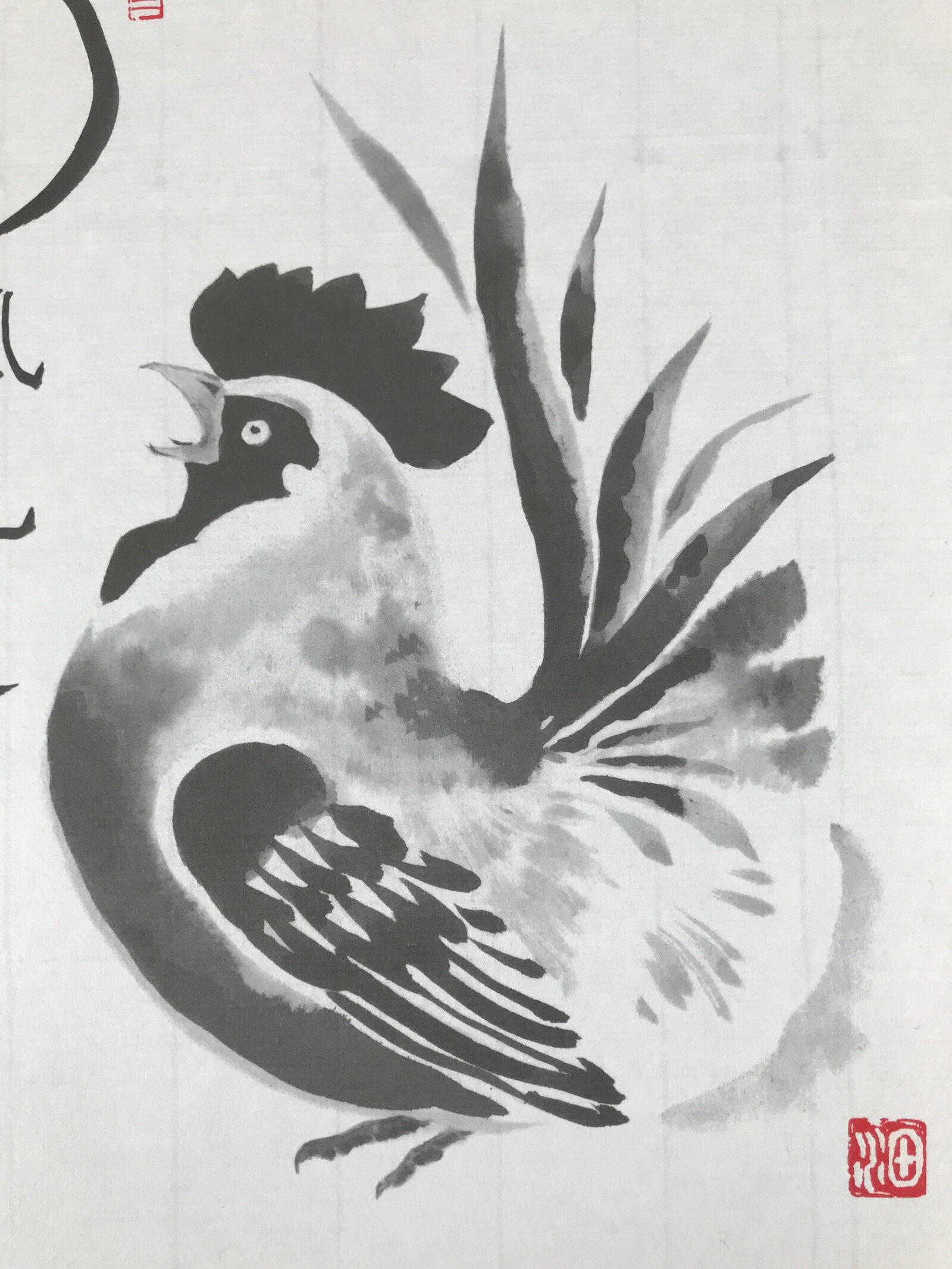 Japanese Zodiac Shikishi Art Board Painting Vtg Rooster Proverb Black Kanji A666