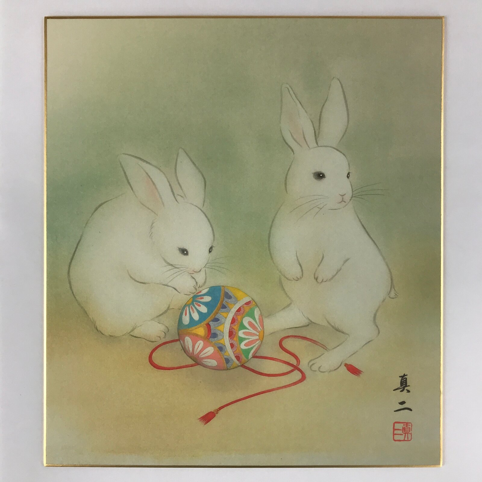 Japanese Zodiac Shikishi Art Board Reproduction Two Rabbits Temari Ball A612