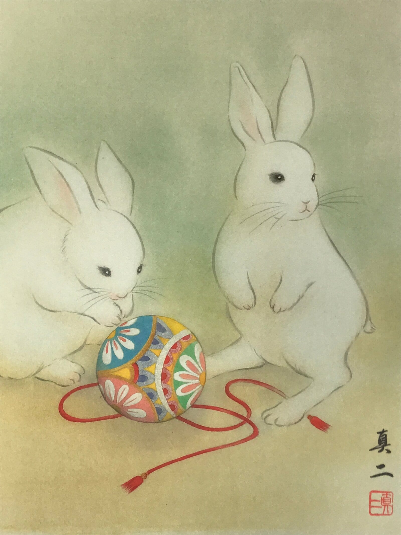 Japanese Zodiac Shikishi Art Board Reproduction Two Rabbits Temari Ball A612